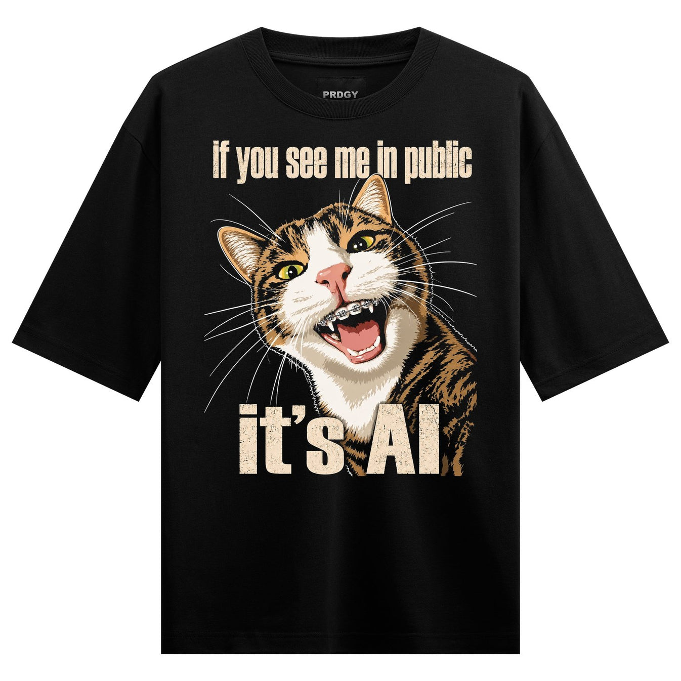 A black t-shirt features a detailed graphic of a tabby cat s face with braces and an open mouth accompanied by text on PRD...