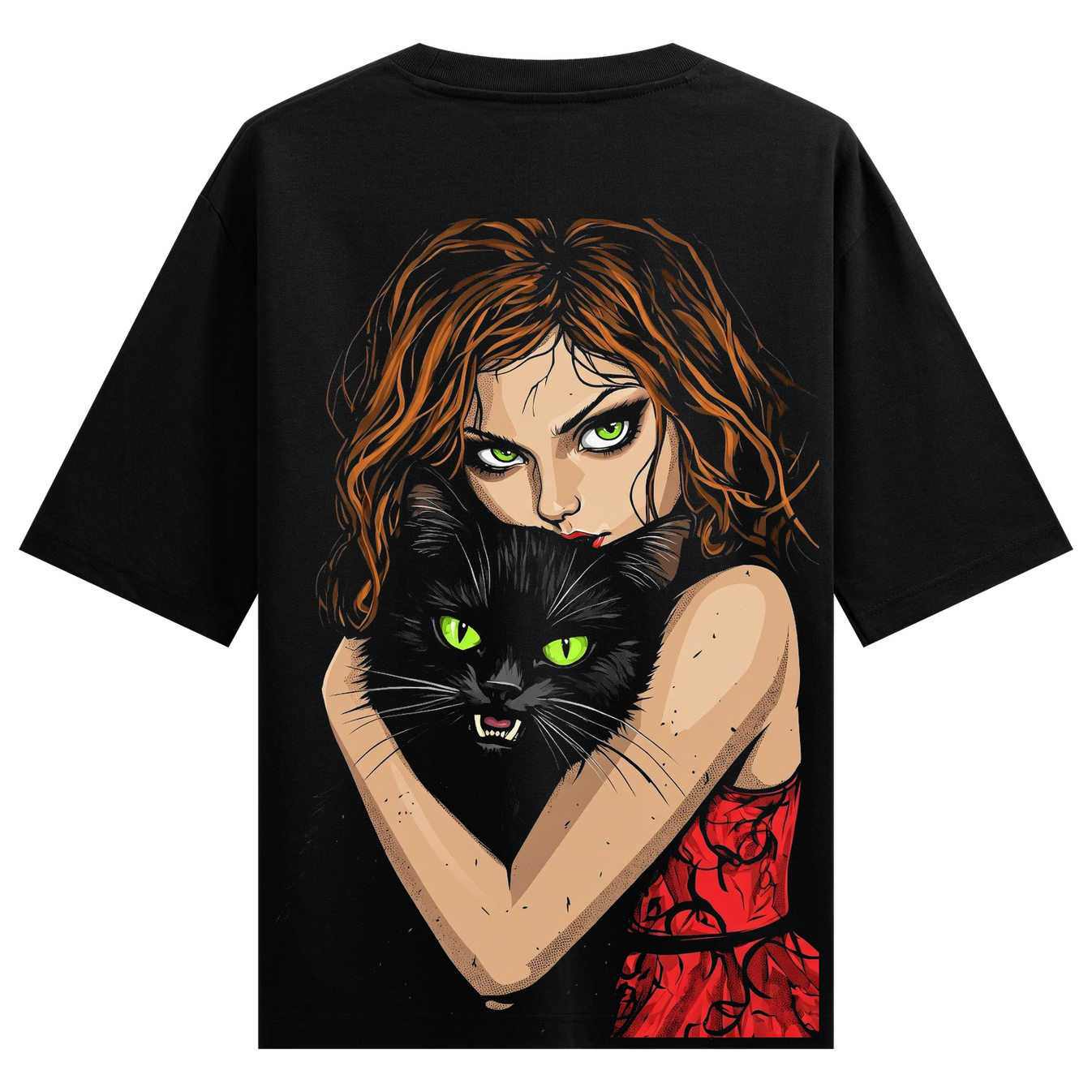 Feline Enchantress Oversized T-Shirt by PRDGY — Woman with auburn waves holding a black cat, gothic design.