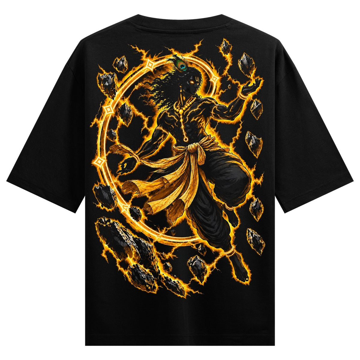 Cosmic Krishna Oversized T-Shirt — a dark-skinned figure of Krishna with a golden sash and peacock feather is depicted