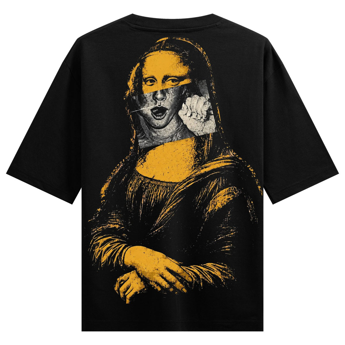 Mona Laugh Oversized T-Shirt — a distorted Mona Lisa with a laughing mouth, fist, and yellow face on a black distressed tee