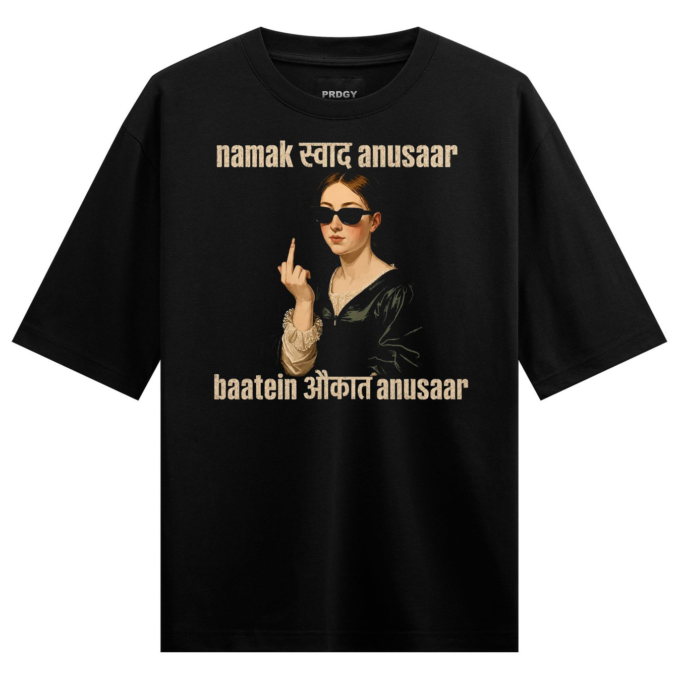 A vintage-style portrait of a woman wearing sunglasses giving the middle finger with Hindi text above and below on a black...