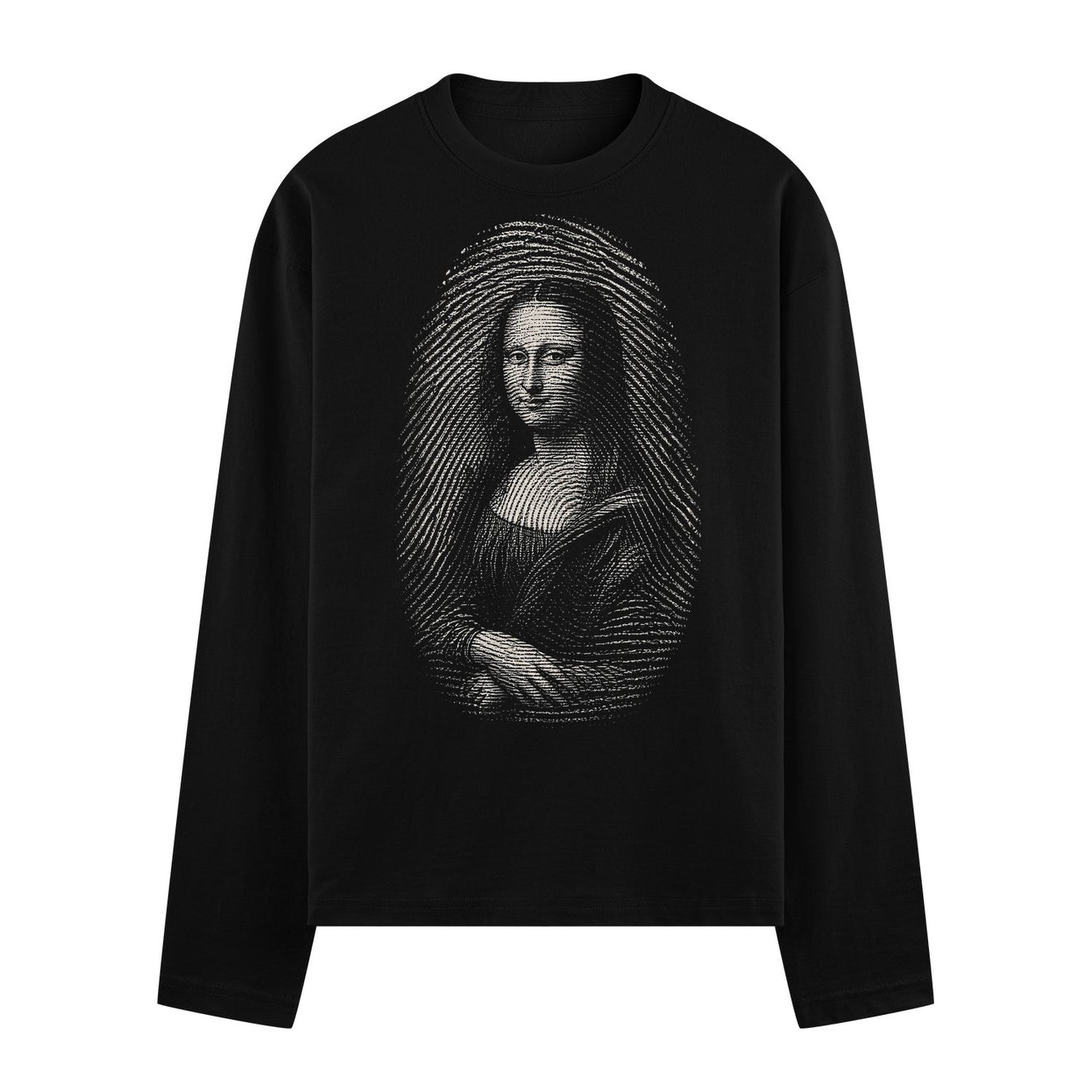 A black t-shirt featuring the Mona Lisa portrait created with white concentric fingerprint lines within an oval shape on P...