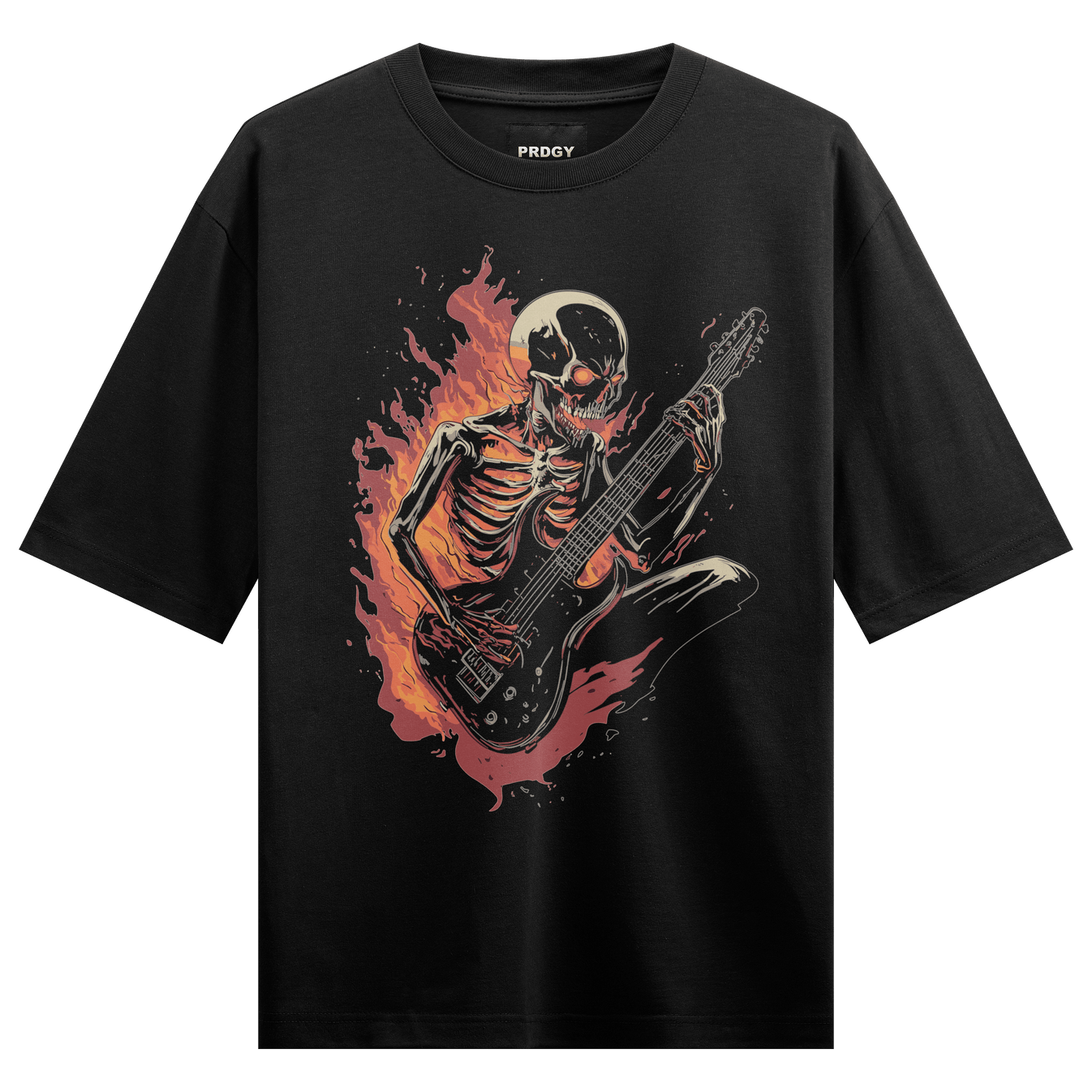 Skeleton Guitarist artwork on PRDGY oversized t-shirt