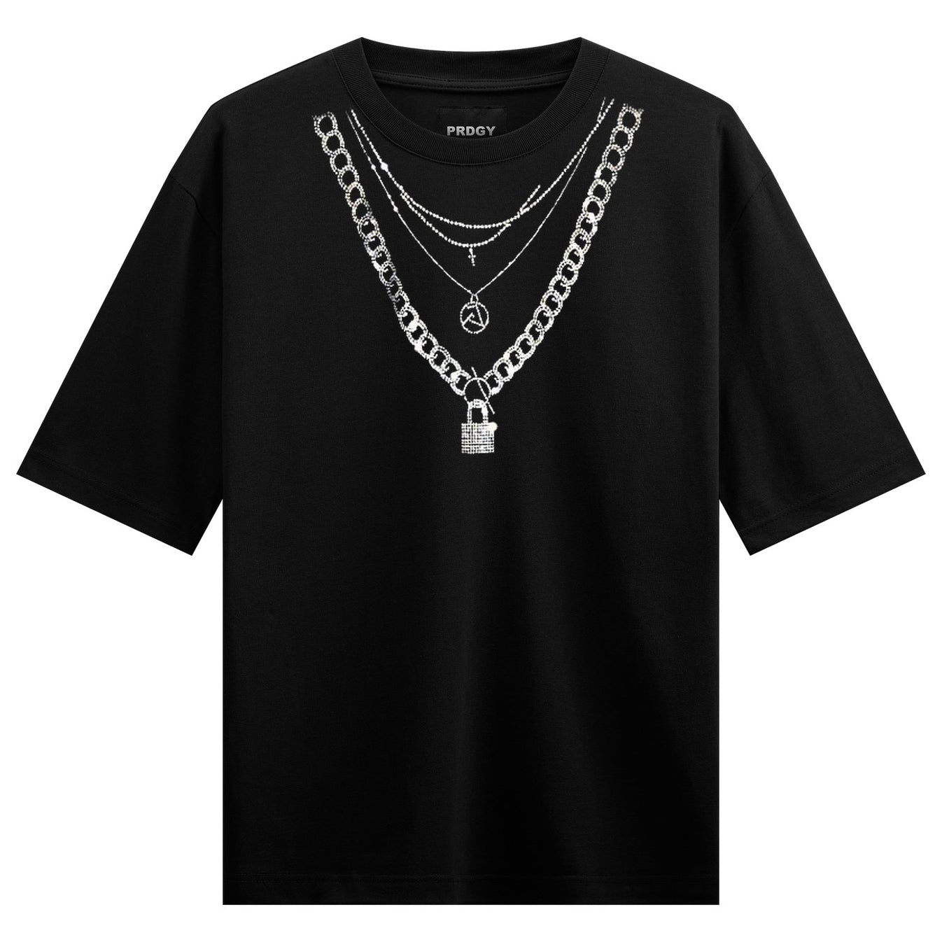 A black t-shirt features a detailed graphic of layered silver chain necklaces with a lock pendant a cross and a triangle s...
