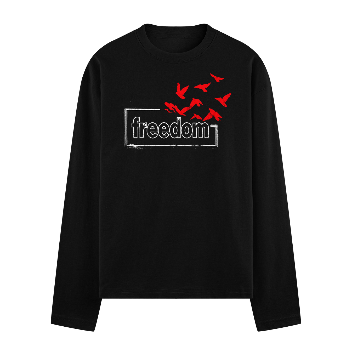 A black t-shirt features a white outlined box with the word freedom inside and a cluster of red birds flying upwards from...