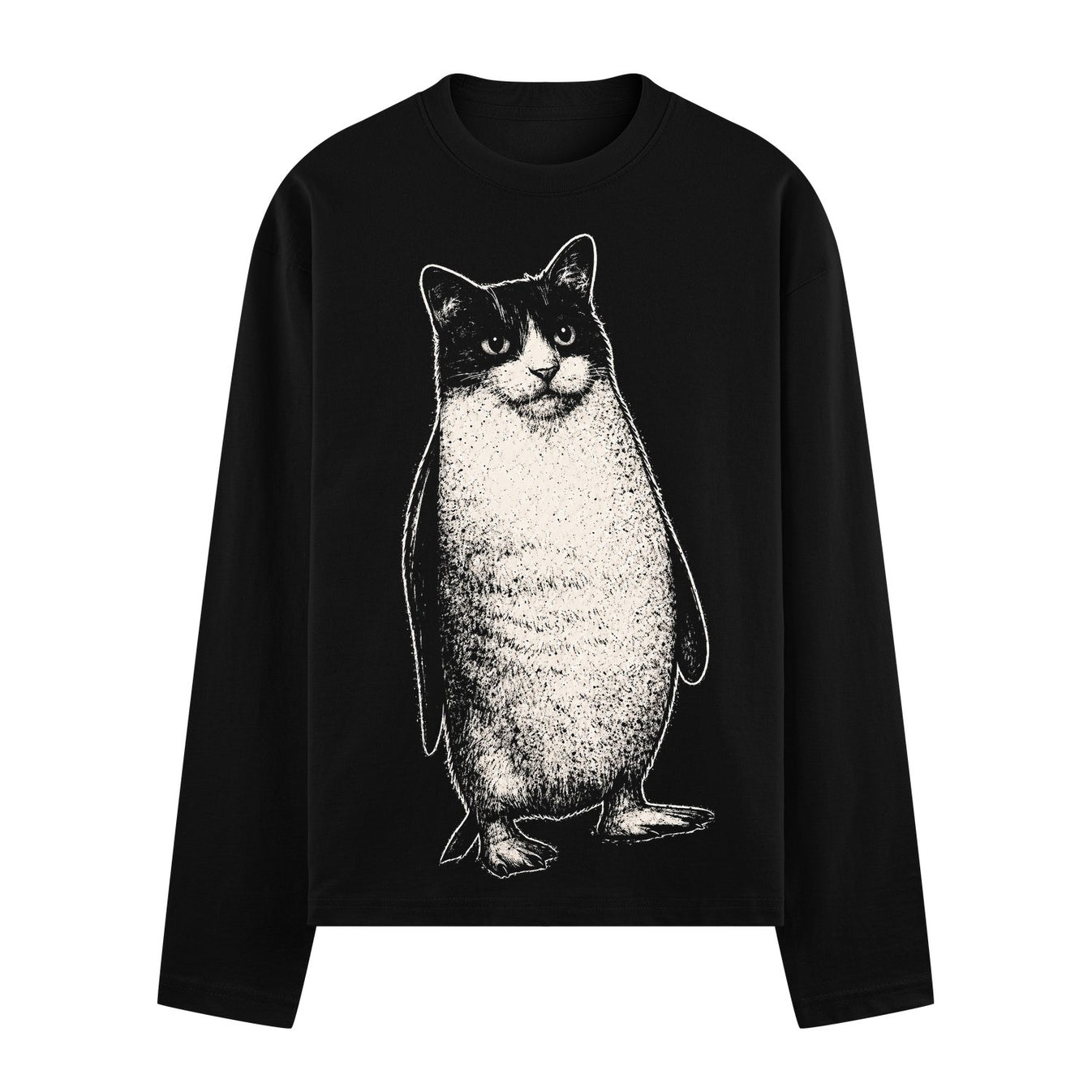 Penguin Cat Full Sleeve T-Shirt by PRDGY — whimsical illustration of a tuxedo cat in a penguin stance, animal design
