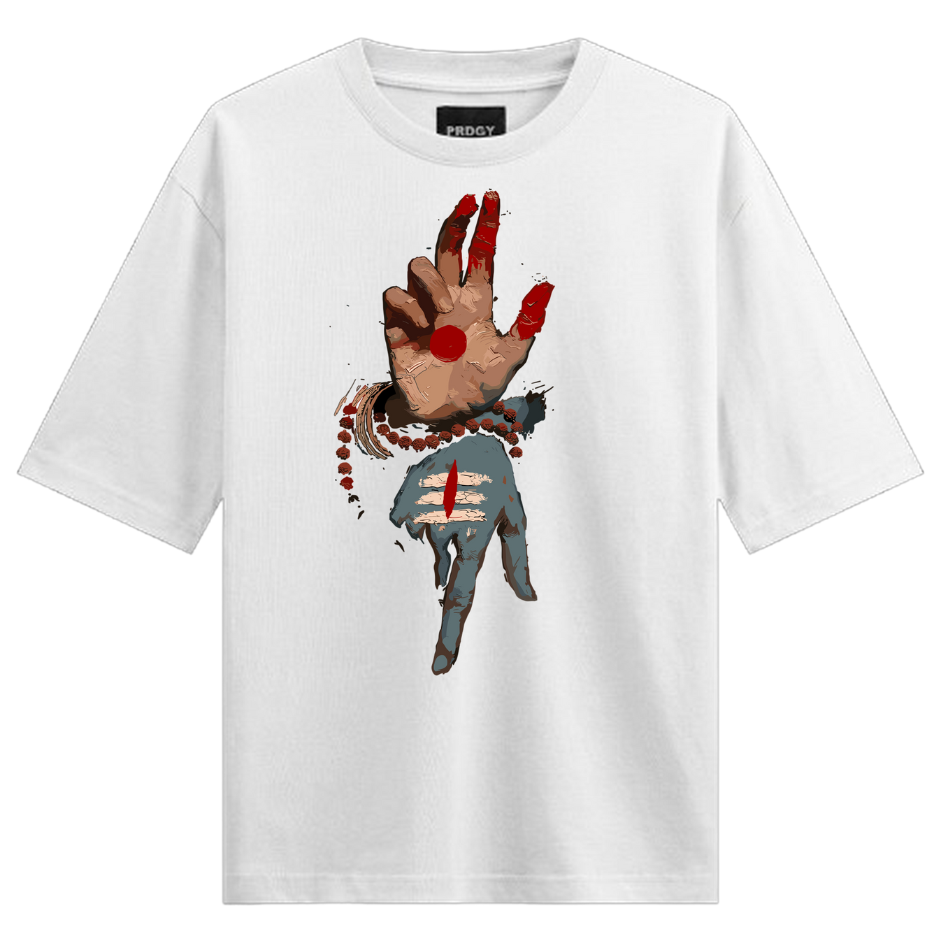 Nataraj Mudra Oversized T-Shirt by PRDGY — graphic of hands with a red dot and third eye, spiritual design