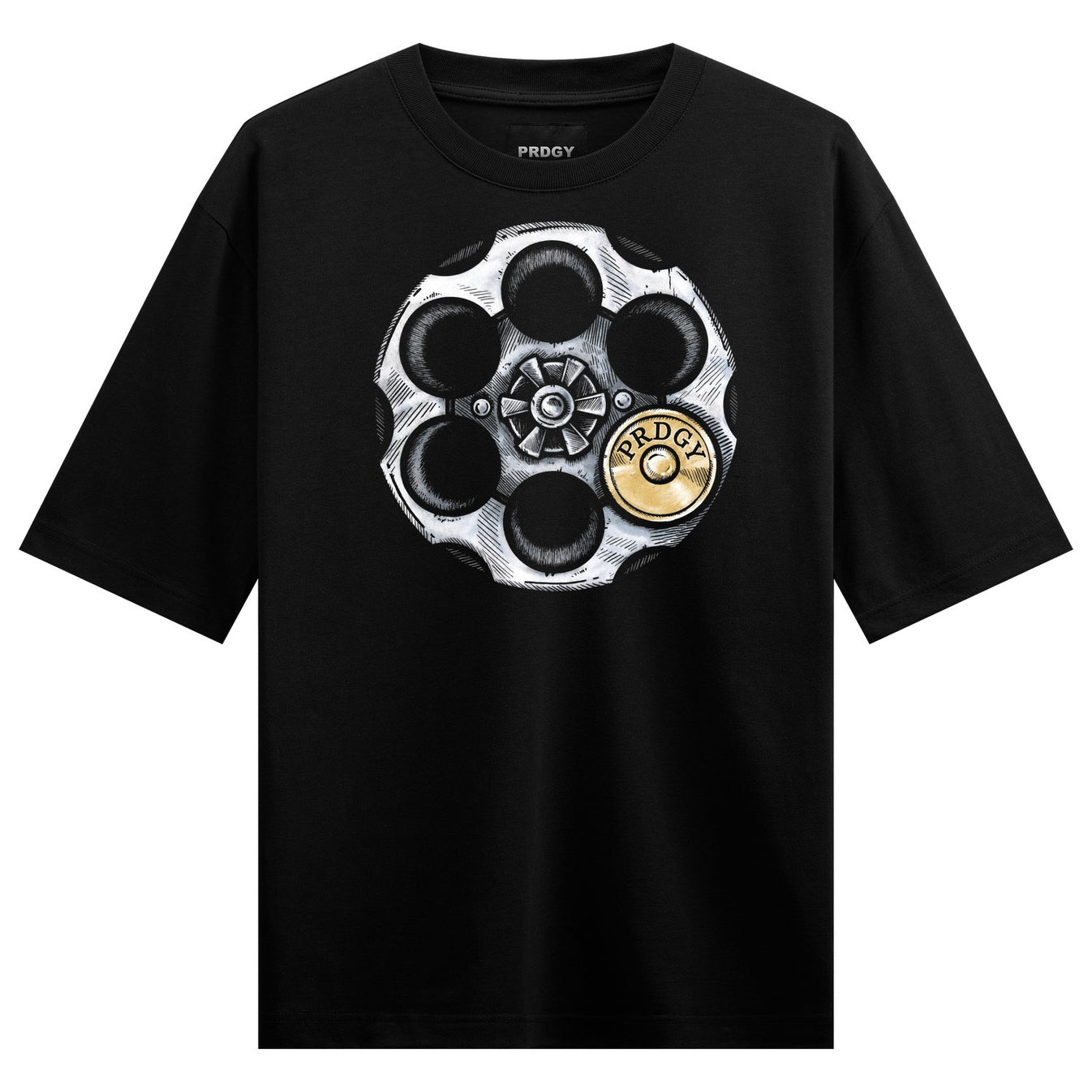 A black t-shirt features a detailed illustration of a silver revolver cylinder with six chambers one containing a gold bul...
