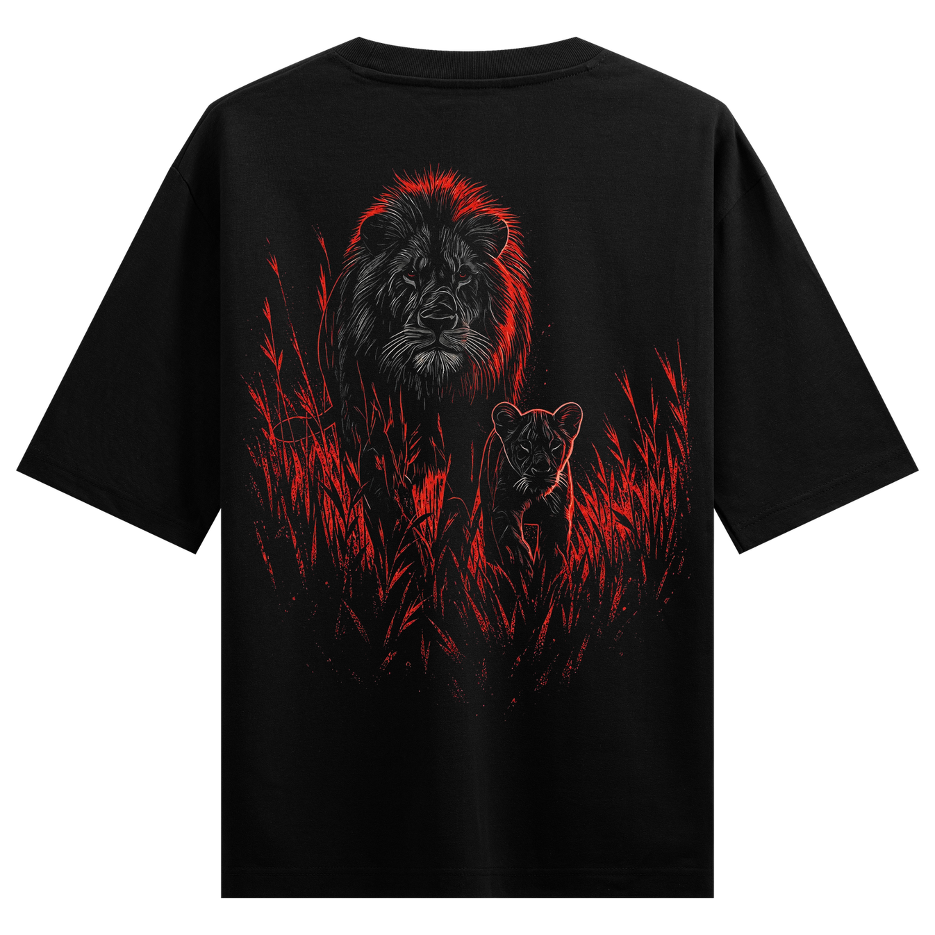 Daddy’s Mini-me Back T-Shirt by PRDGY — lion and cub illustration on fiery red grass, animal design