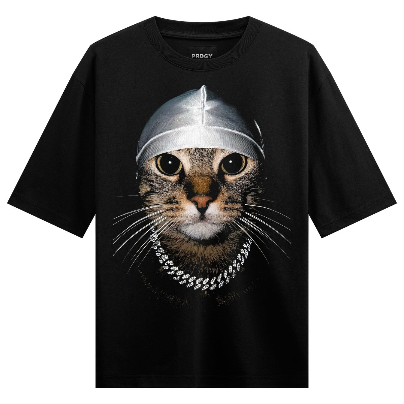 A photorealistic tabby cat wearing a silver durag and a diamond chain is printed on a black t-shirt on PRDGY oversized t-s...