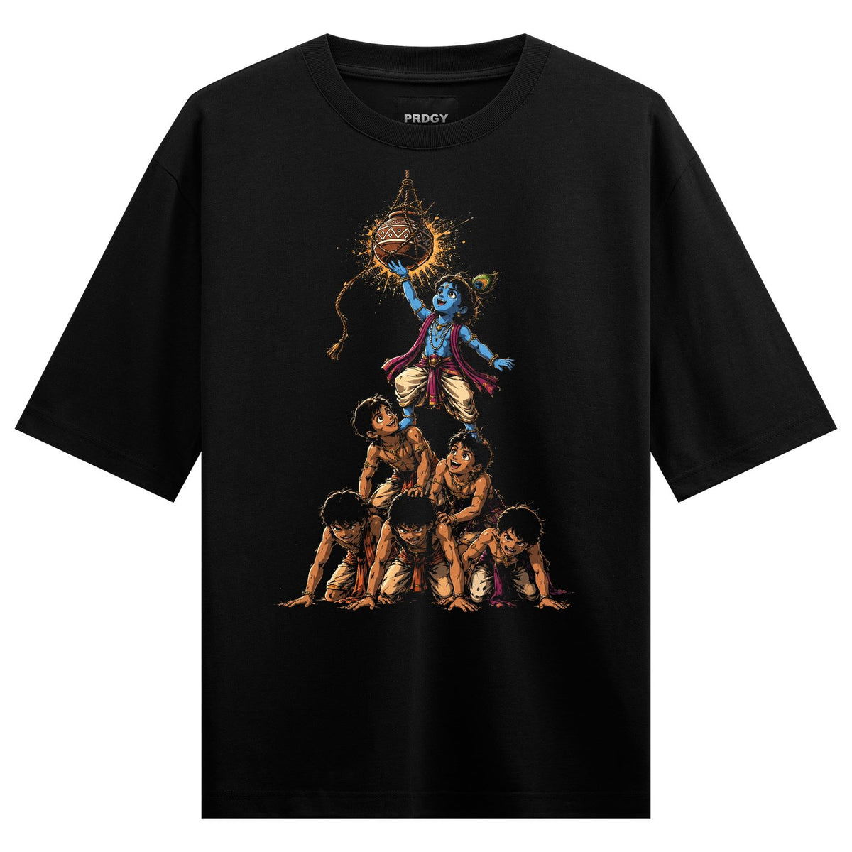 A blue-skinned Krishna stands on a pyramid of children holding a glowing pot of butter aloft against a dark background on...