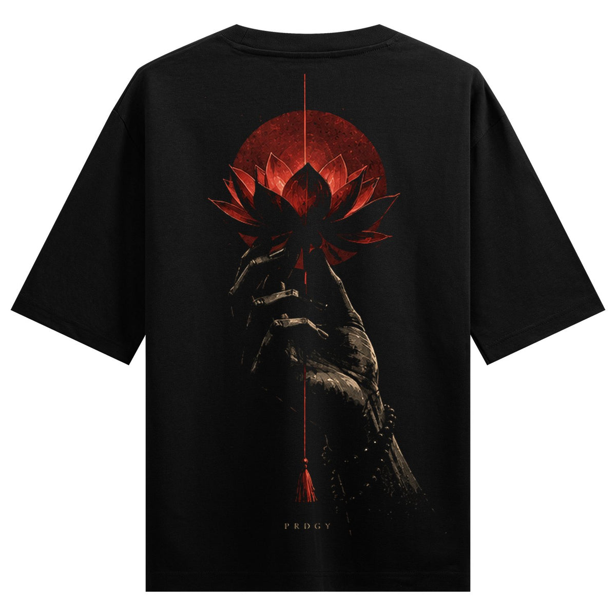Lotus Offering Oversized T-Shirt — a dark hand holds a red lotus flower against a red sun with a hanging tassel