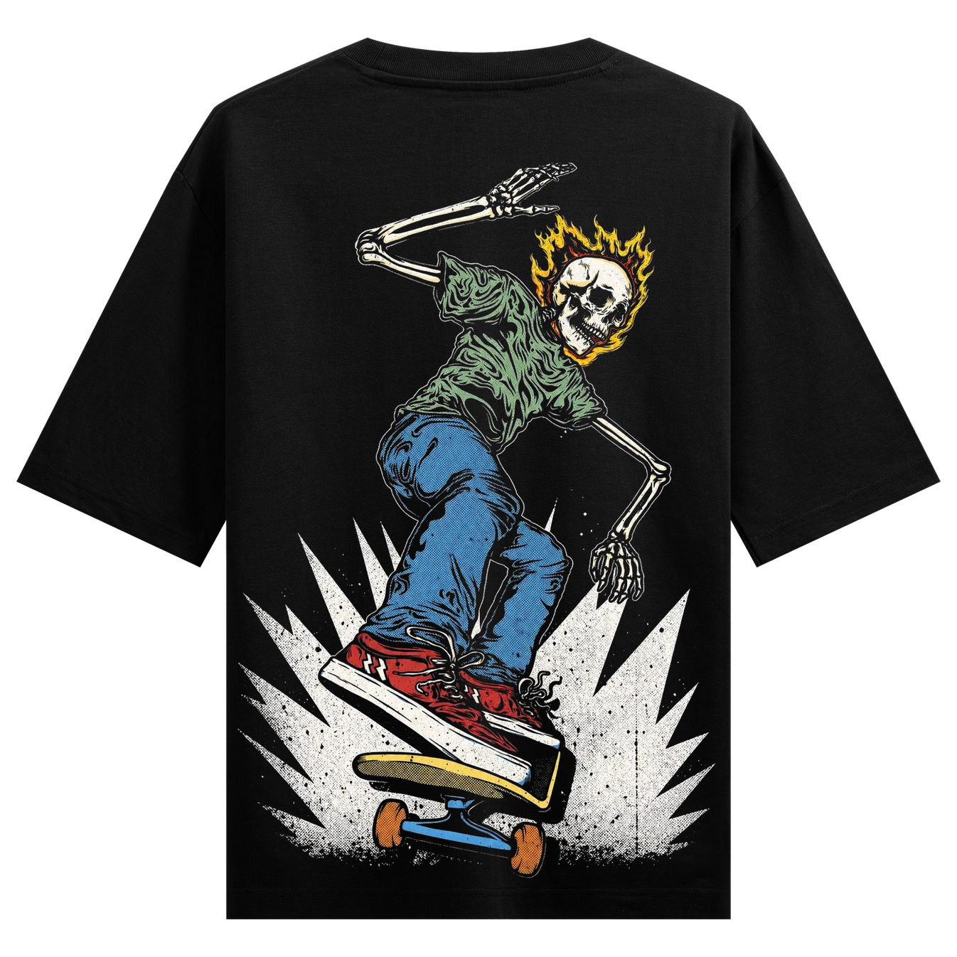 Inferno Rider T-Shirt by PRDGY — flaming skull skeleton riding a skateboard, streetwear design