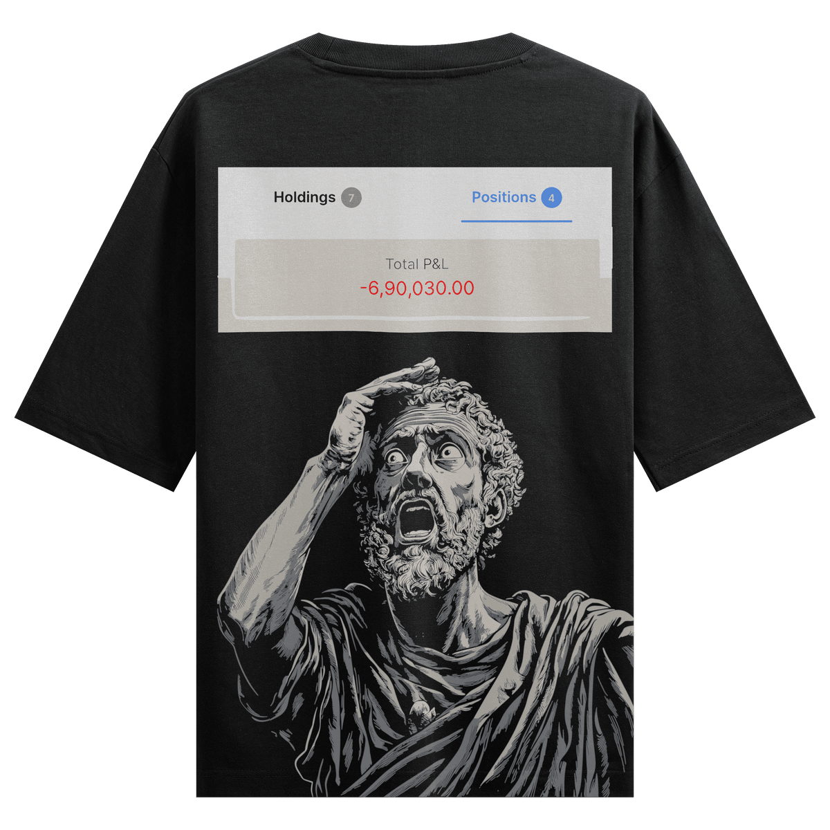Holdings 7 Positions 4 Total P&L 6 90 030 00 artwork on PRDGY oversized t-shirt