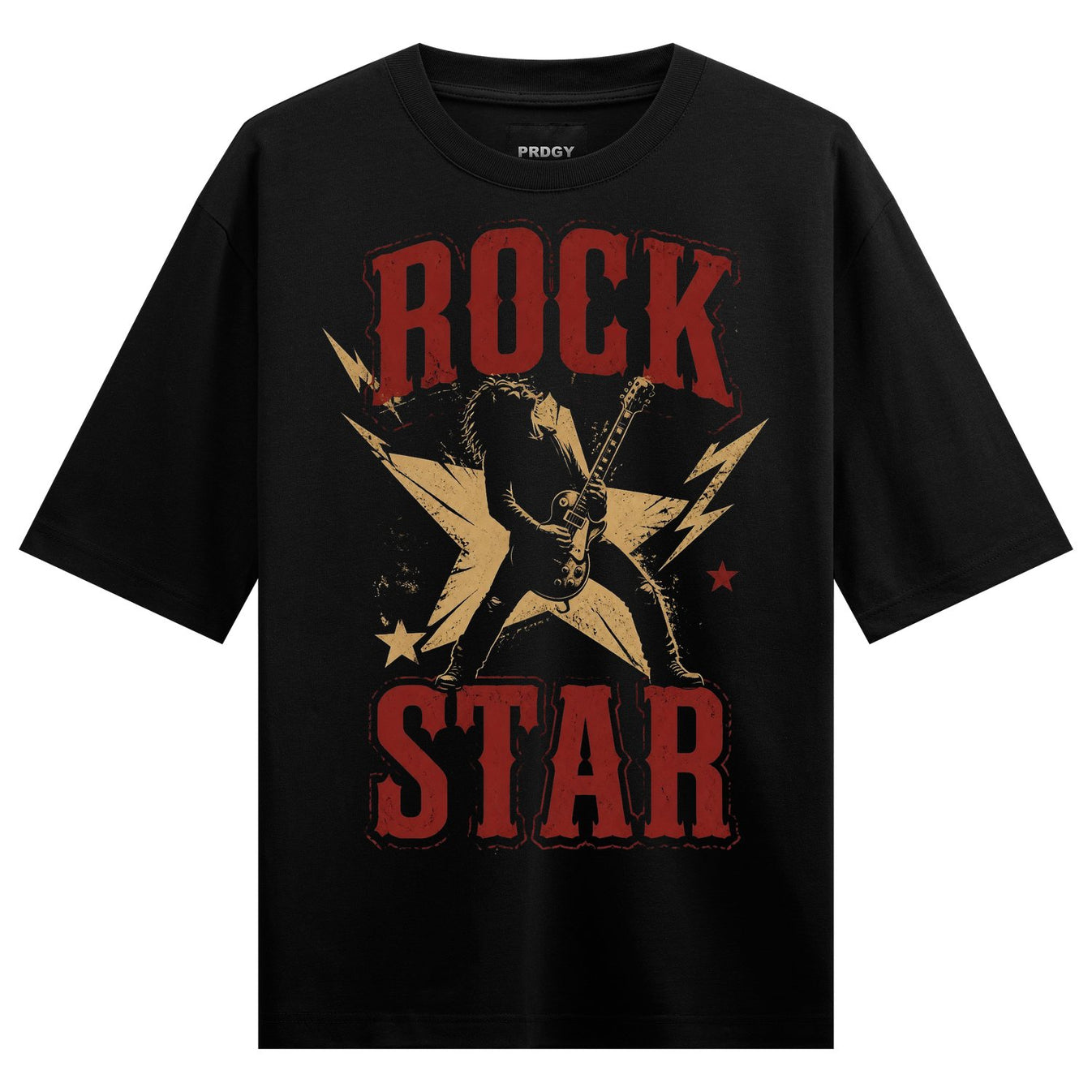 A black t-shirt features a distressed red and gold graphic of a guitarist silhouette against a starburst and lightning bol...