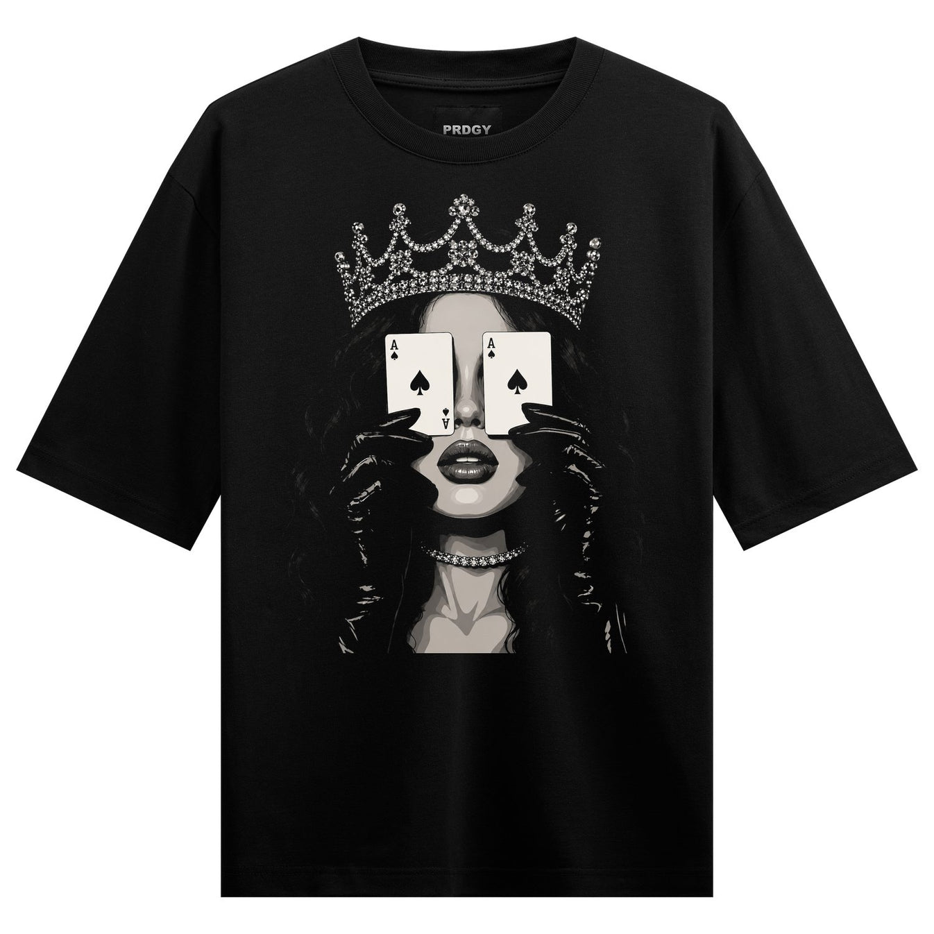 queen of spades t shirt artwork on PRDGY oversized t-shirt