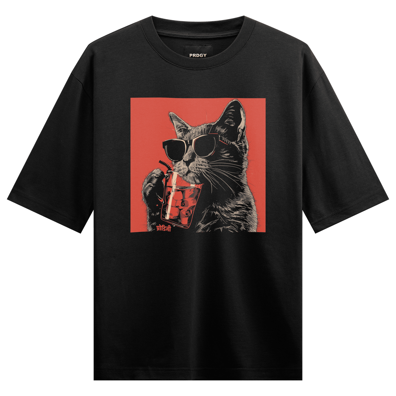 Flamboy Oversized T-Shirt by PRDGY — flamboyant cat sipping a drink, streetwear design.