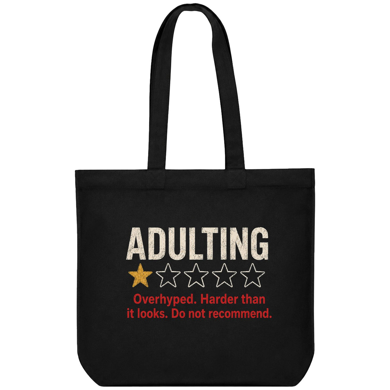 A black t-shirt with white text ADULTING above a one-star rating and red text below featuring a yellow star and outlined s...