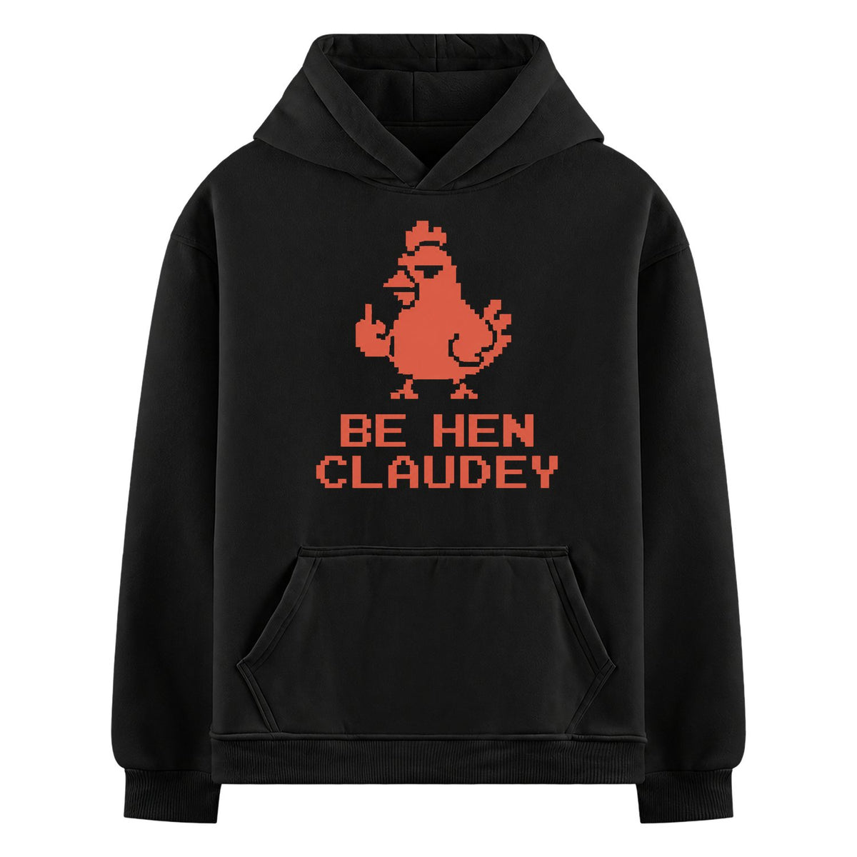 Chicken Claudey Hoodie by PRDGY — pixelated orange chicken giving the middle finger, humor design