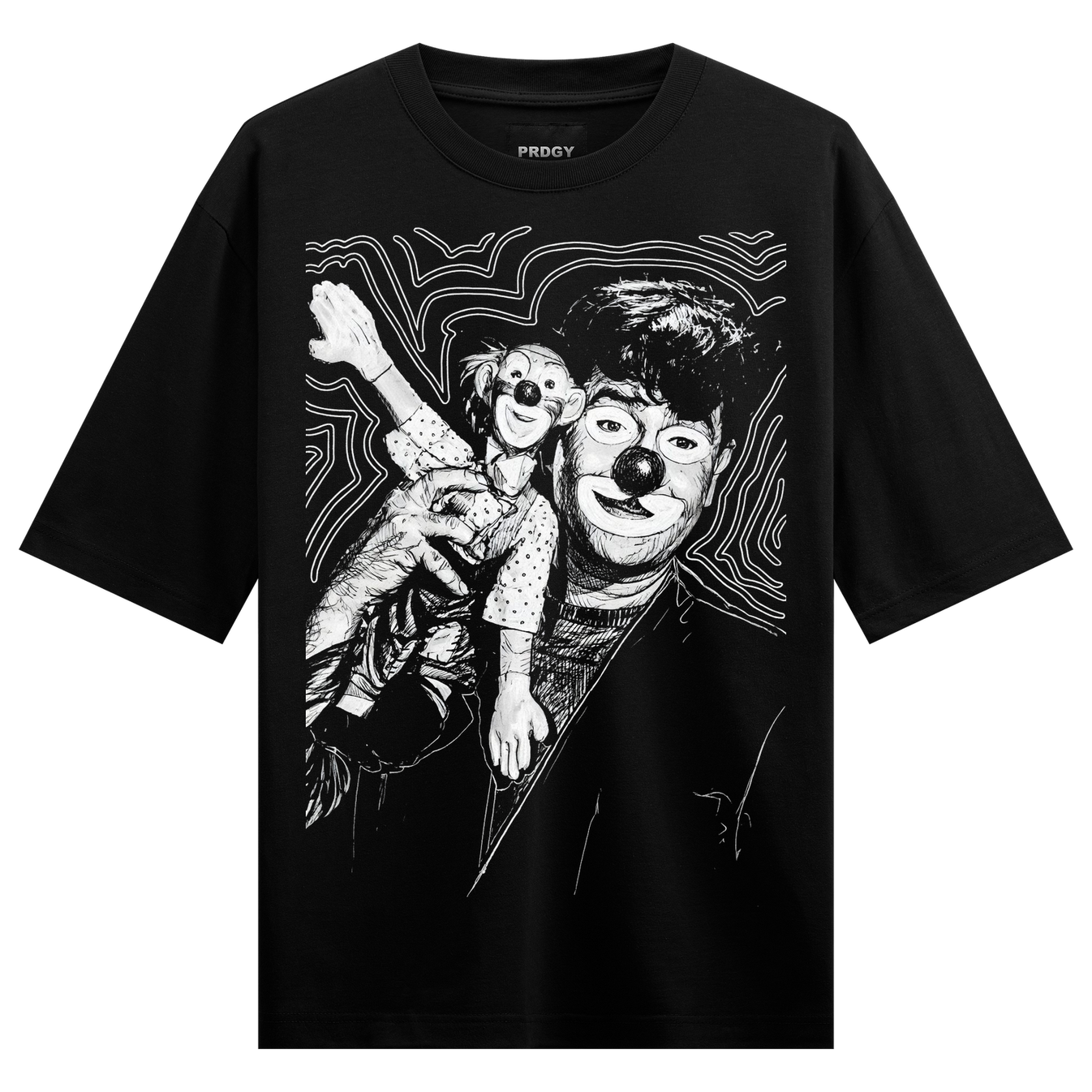 Clown Chaos T-Shirt by PRDGY — black and white sketch of expressive clown characters, dark humor design.