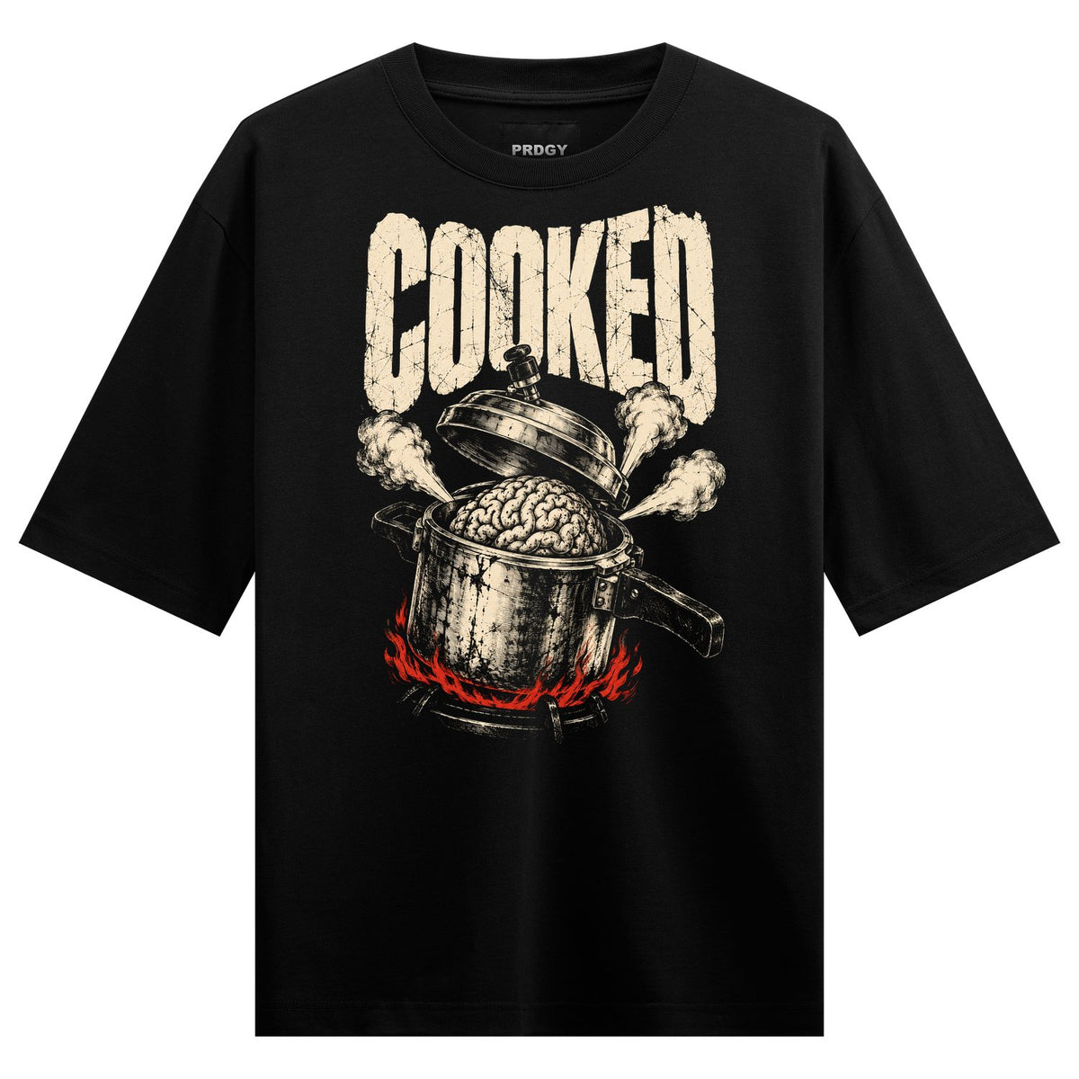 Brain Cooked Oversized T-Shirt — a white cracked 'COOKED' text above a pot boiling a brain with steam and red flames