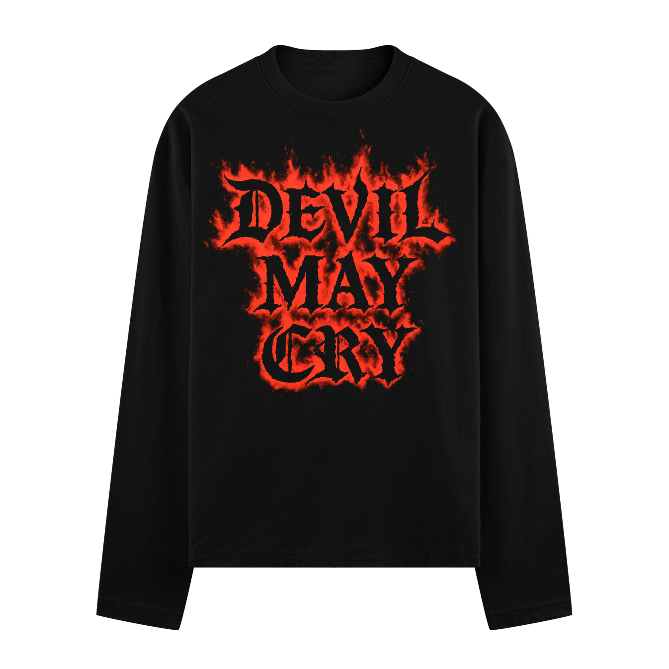 The text DEVIL MAY CRY is displayed in a bold red gothic font with a flame effect on a black long-sleeve t-shirt on PRDGY...