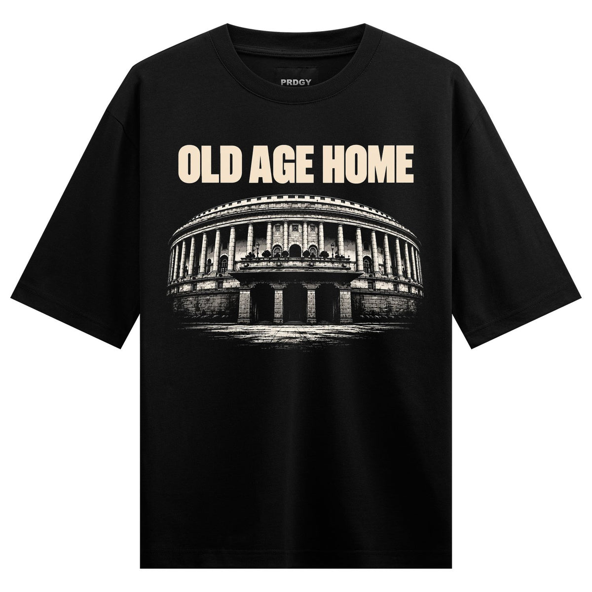 Old Age Home Oversized T-Shirt — cream-colored text reading 'OLD AGE HOME' above a grayscale illustration of a large