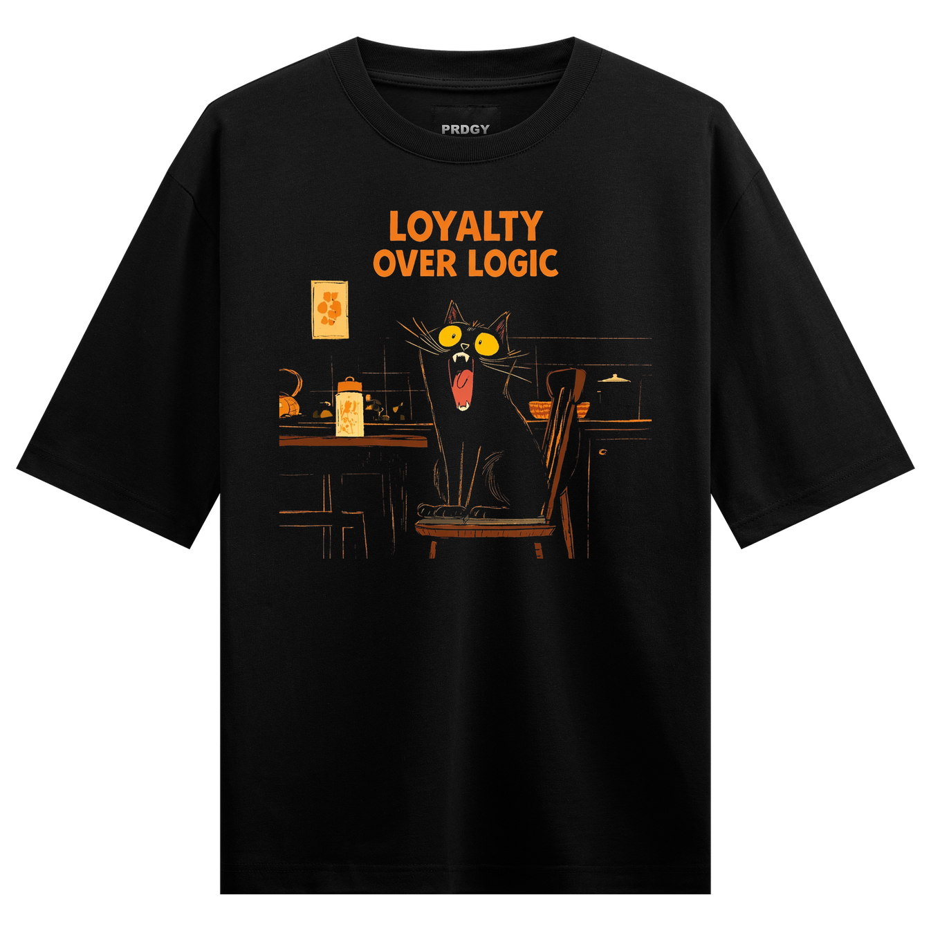 Loyalty Cat Oversized T-Shirt by PRDGY — cartoon black cat illustration with text, streetwear design
