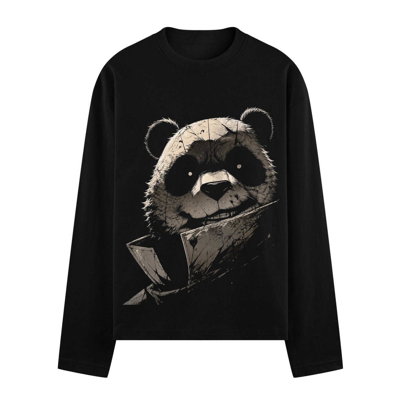 A monochrome graphic of a panda s face with a cracked texture sharp teeth and dark eyes wearing a trench coat collar on a...