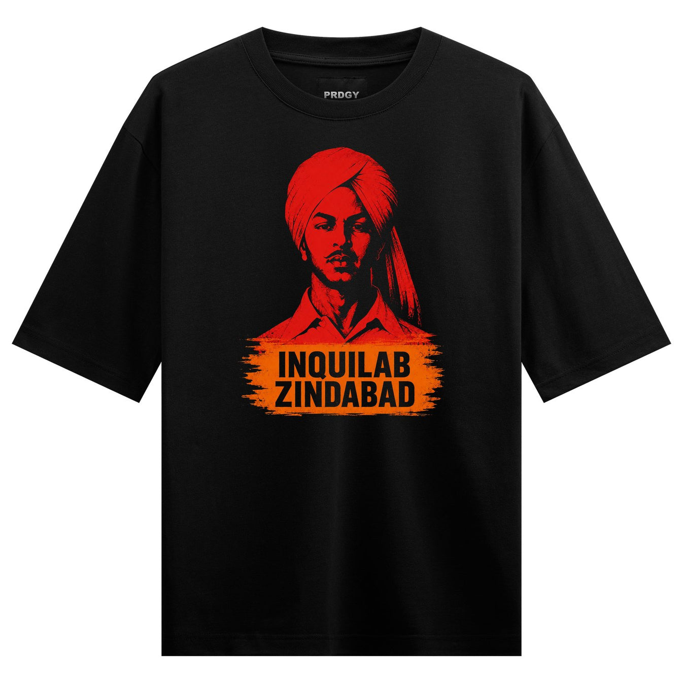 A red graphic portrait of a man wearing a turban and shirt with orange text below on a black t-shirt on PRDGY oversized t...