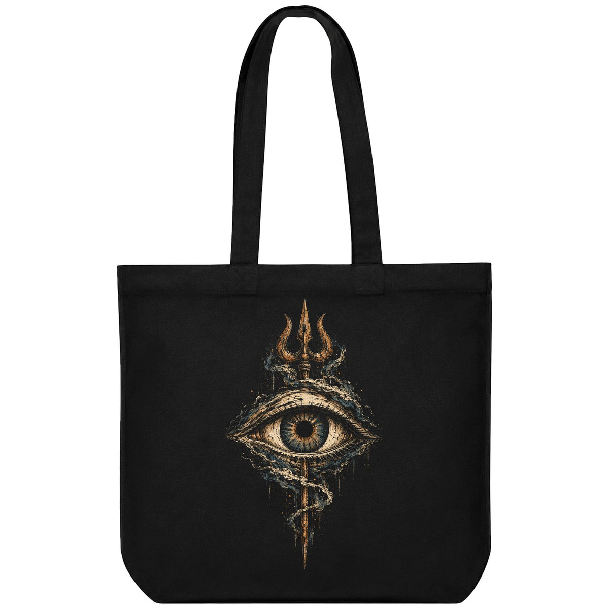 Third Eye Trinity Tote Bag — a large third eye graphic with a trident above and a coiled snake below, dripping gold