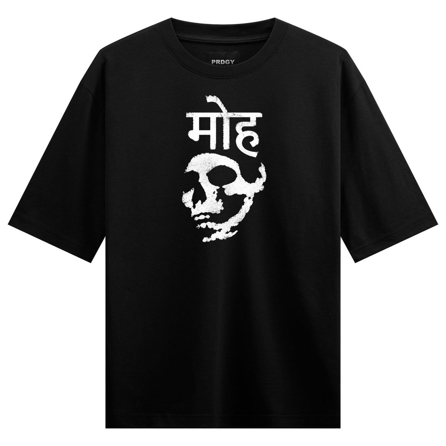 Moh Skull Oversized T-Shirt by PRDGY — distressed white skull graphic with Hindi text, dark art design