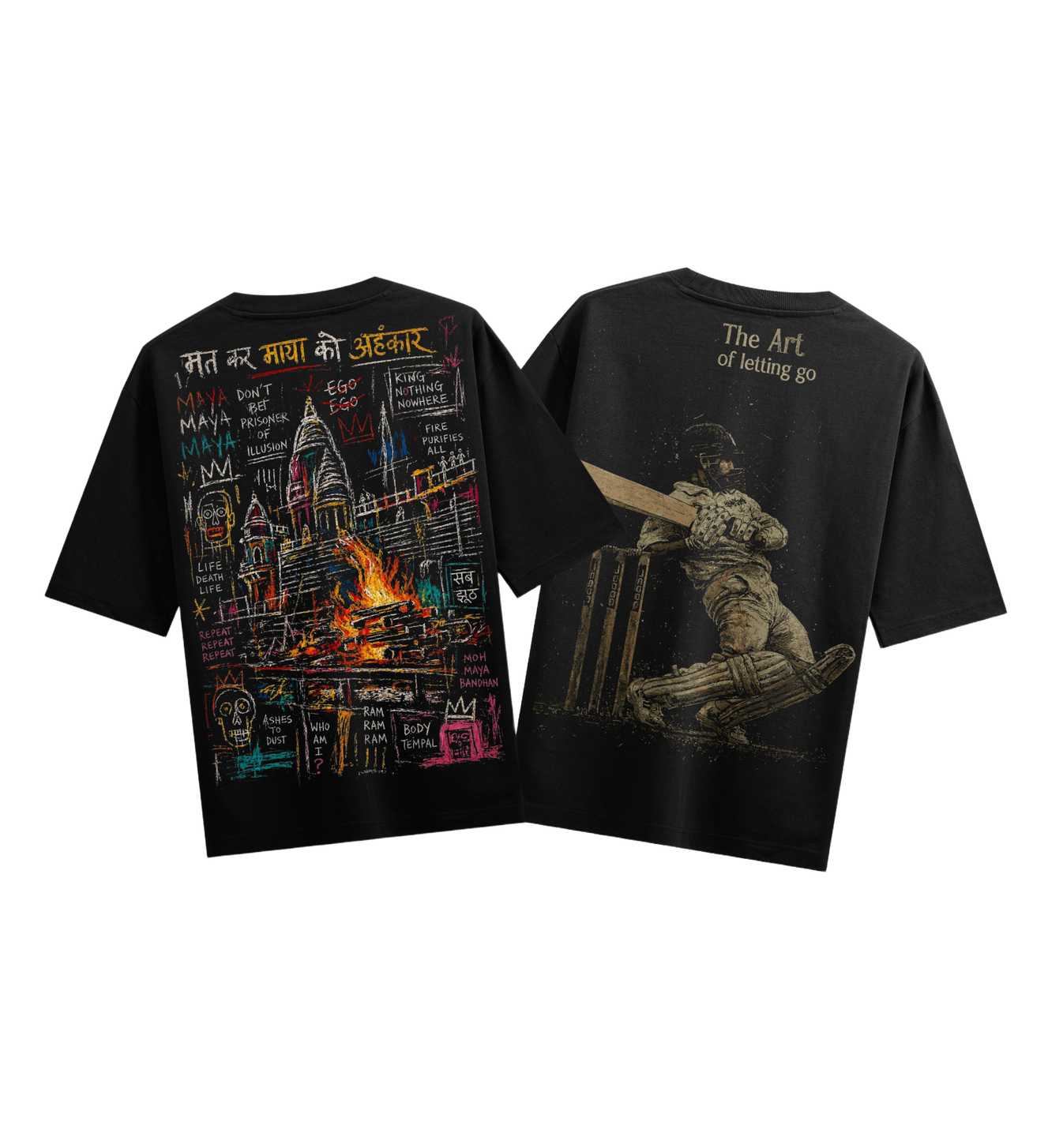 Maya Illusion T-Shirt by PRDGY — fiery temple scene with Hindi text and a cricketer on the back, spiritual design
