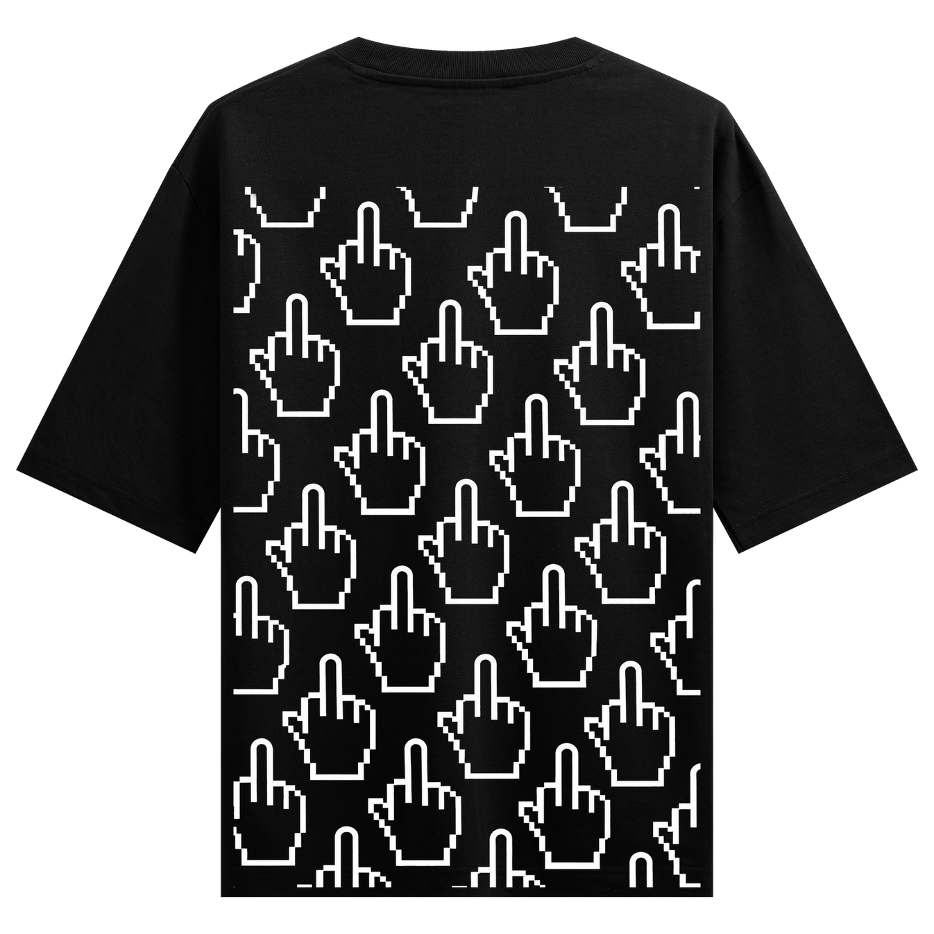 Digital Defiance Oversized T-Shirt by PRDGY — pixelated middle finger gesture in bold white, streetwear design