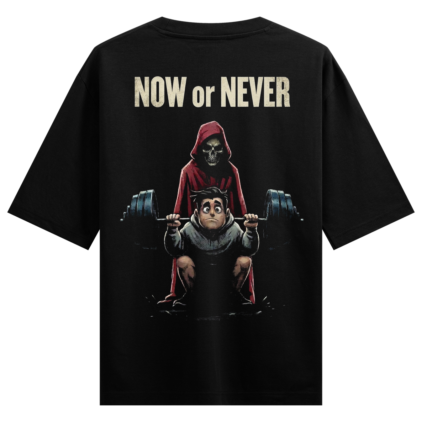 Last Rep Oversized T-Shirt by PRDGY — dark graphic of a grim reaper lifting weights with 'Now or Never' text, dark aesthetic
