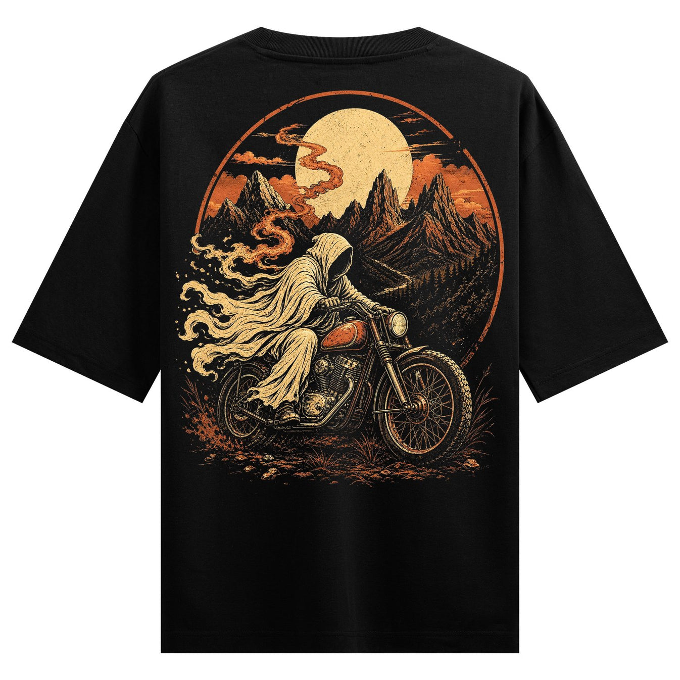 A grim reaper figure in flowing robes rides a vintage motorcycle through a rocky mountainous landscape under a large hazy...