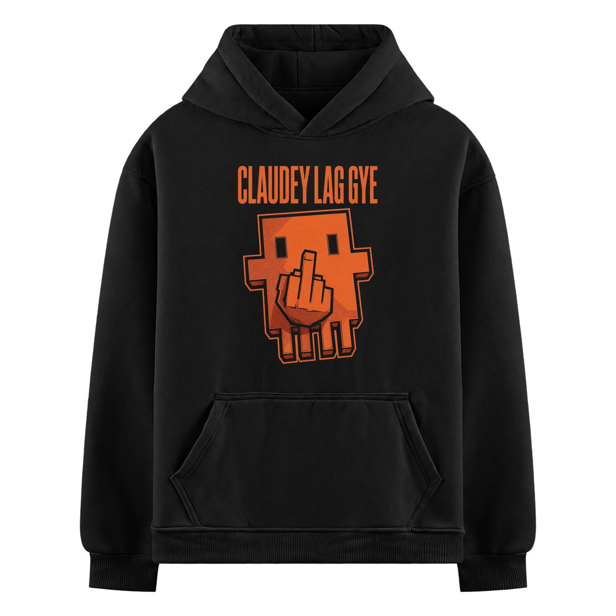 Claudey Lag Gye Oversized Hoodie — a pixelated orange character with a raised middle finger front