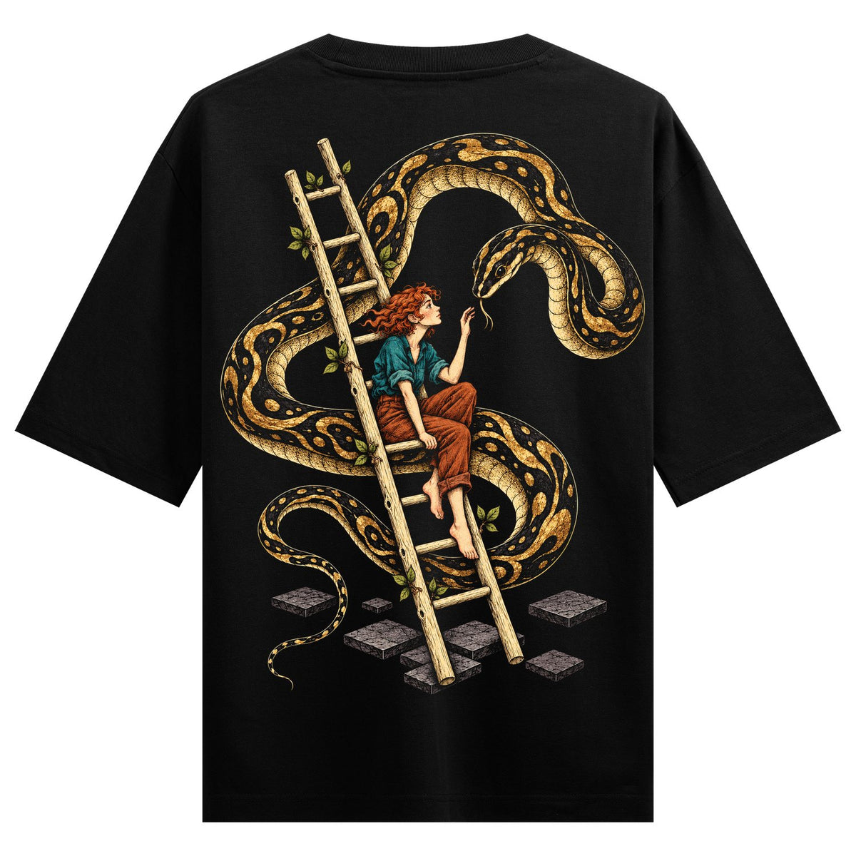 Serpent's Ascent Oversized T-Shirt — a detailed illustration of a woman on a wooden ladder being coiled by a large
