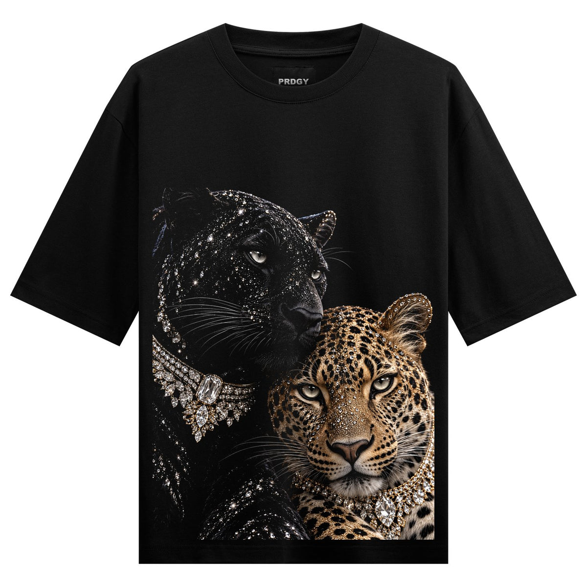 Elegant Predators Oversized T-Shirt — a black panther and a leopard with diamond necklaces, set against a black background