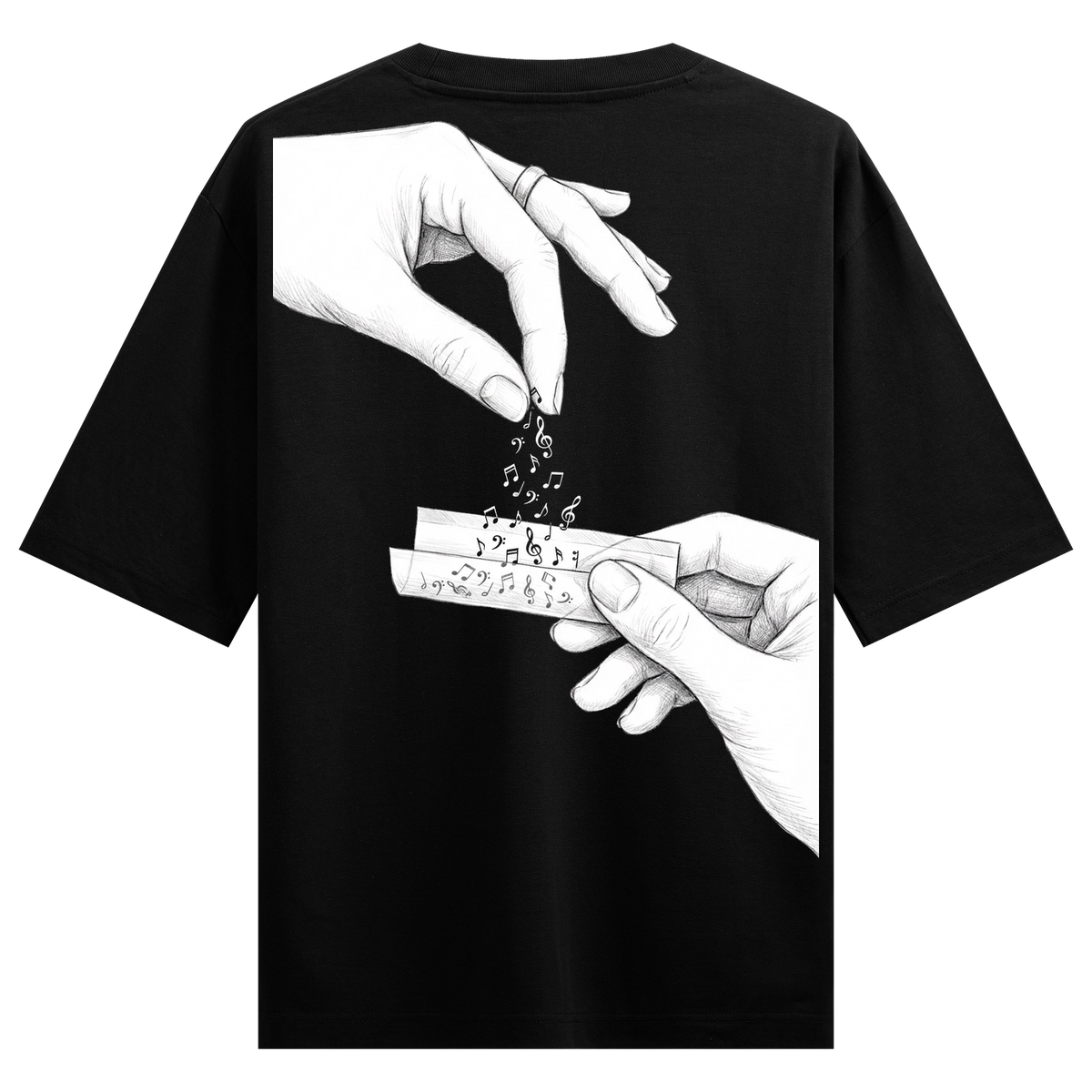 Musical Nashedi Oversized T-Shirt by PRDGY — hands sprinkling musical notes onto rolling paper, streetwear design