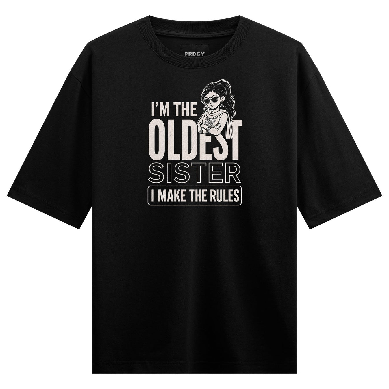 Badi di Rules Oversized T-Shirt by PRDGY — bold white text with a woman in sunglasses, hindi text design