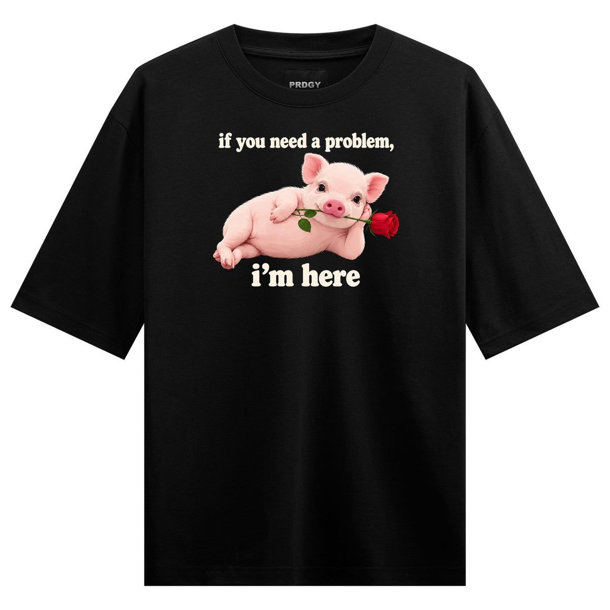 Problem Pig Oversized T-Shirt — a pink cartoon pig lies on its side holding a red rose in its mouth, with white text