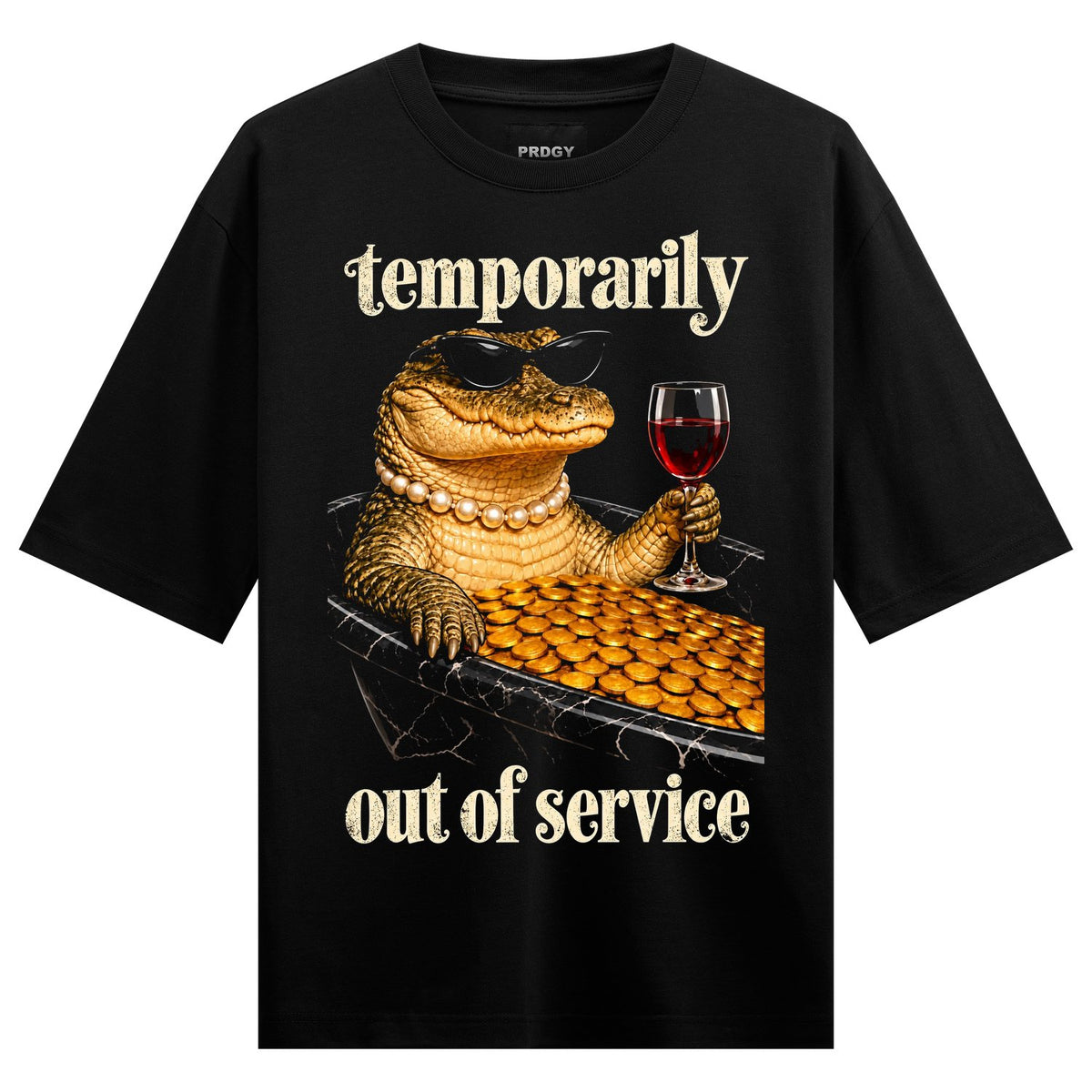 Gator Chill Oversized T-Shirt — a detailed illustration of an alligator wearing sunglasses and a pearl necklace, holding