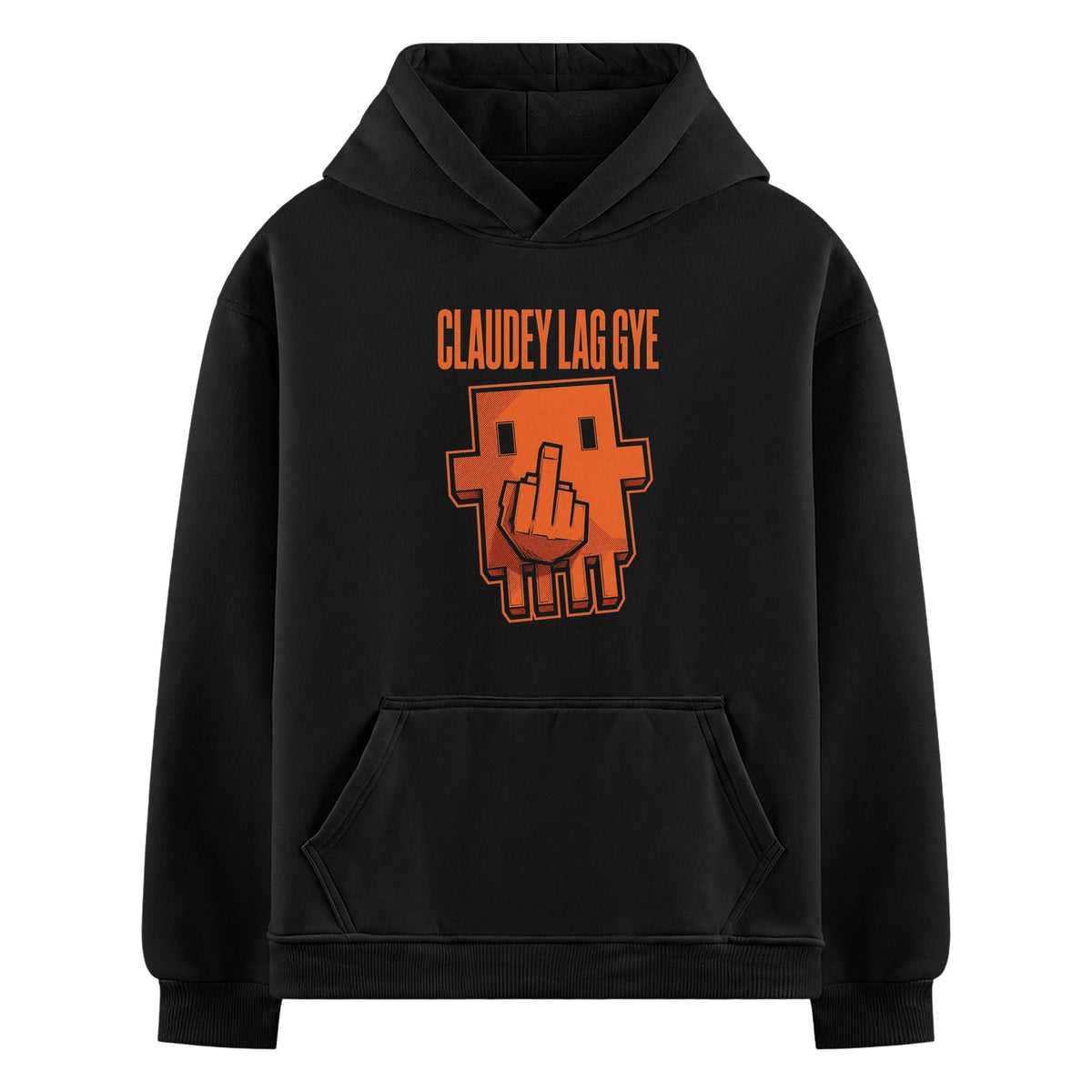 Claudey Lag Gaye Oversized Hoodie — a black hoodie features an orange pixelated robot head graphic with a middle finger