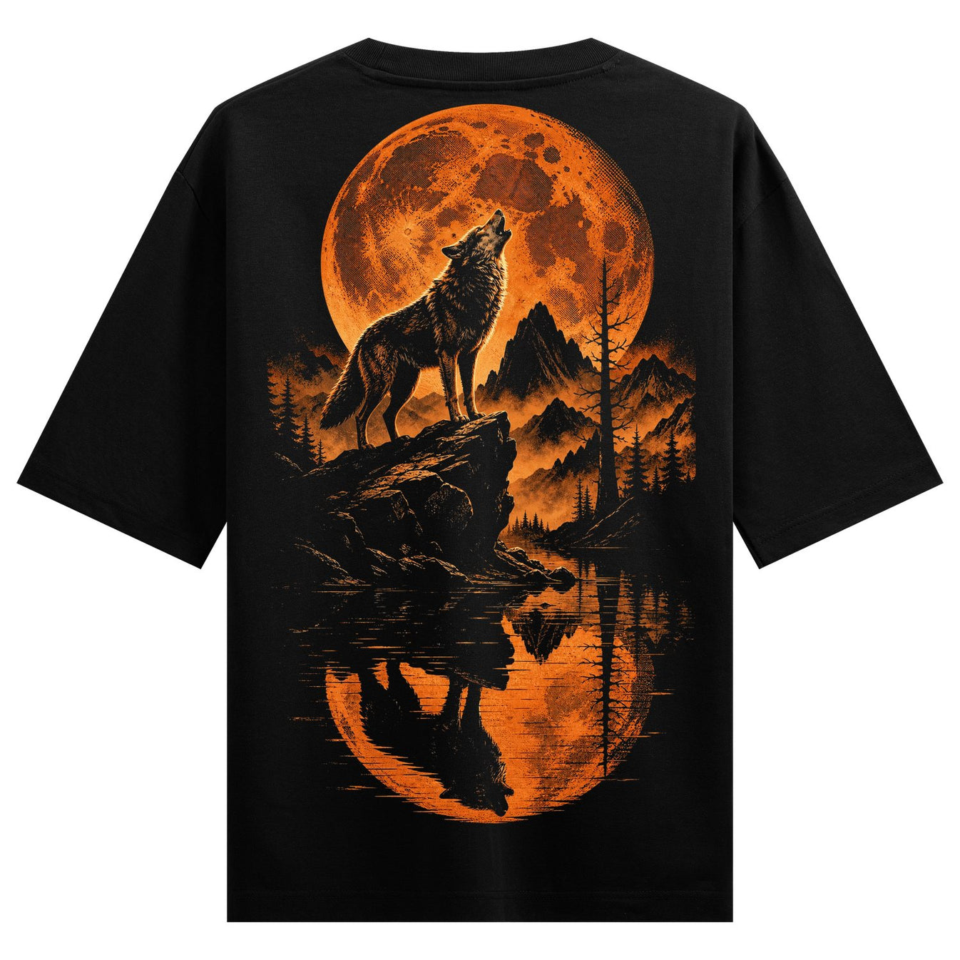 A wolf stands on a rock howling at a large orange moon with mountains and a lake reflecting the scene on PRDGY oversized t...
