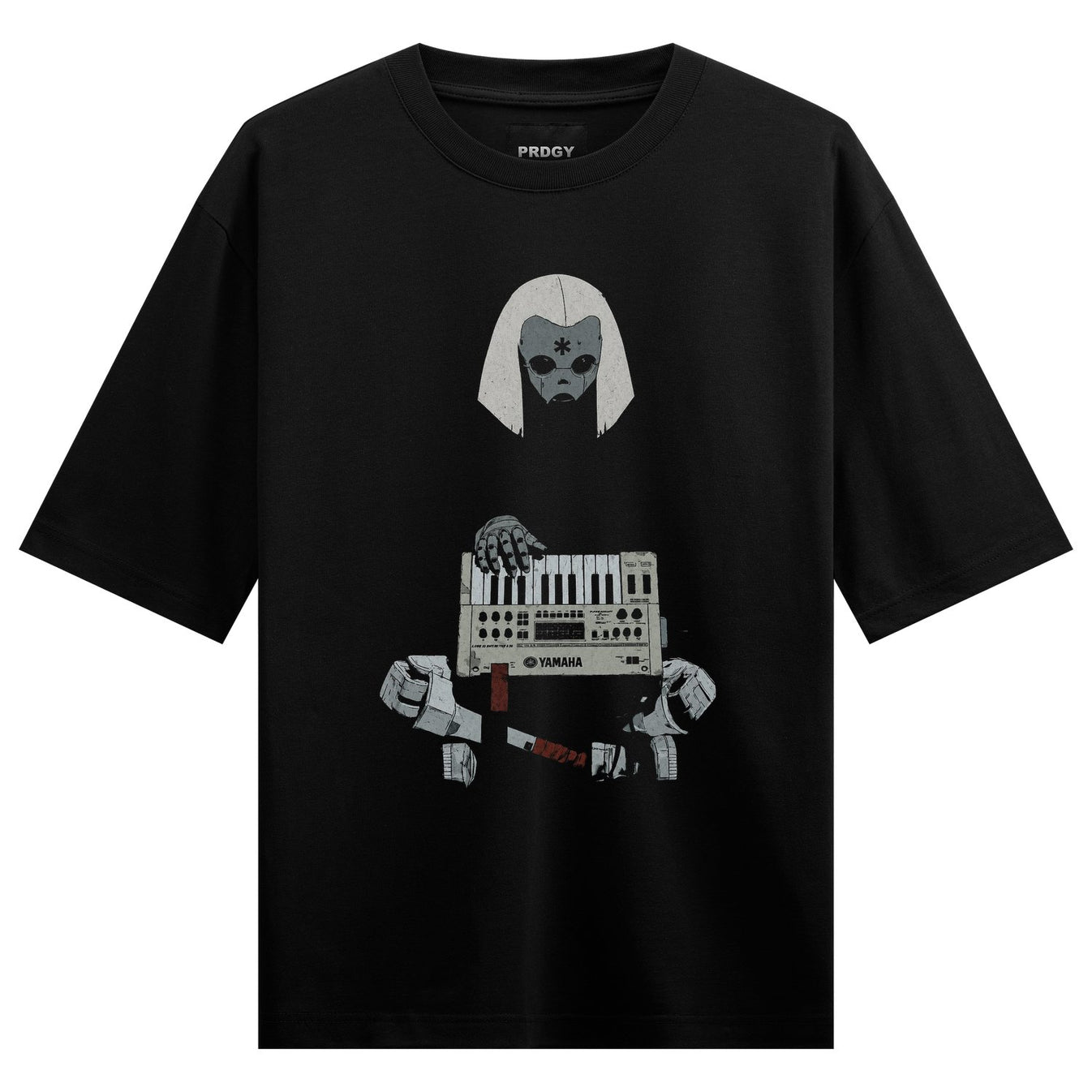 A black t-shirt features a ghostly figure with a cybernetic mask robotic hands holding a Yamaha keyboard and a dagger belo...