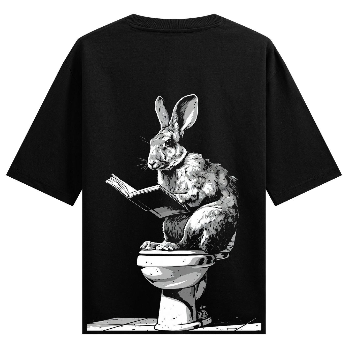 Scholarly Rabbit Oversized T-Shirt by PRDGY — a rabbit reading a book on a toilet, animal design