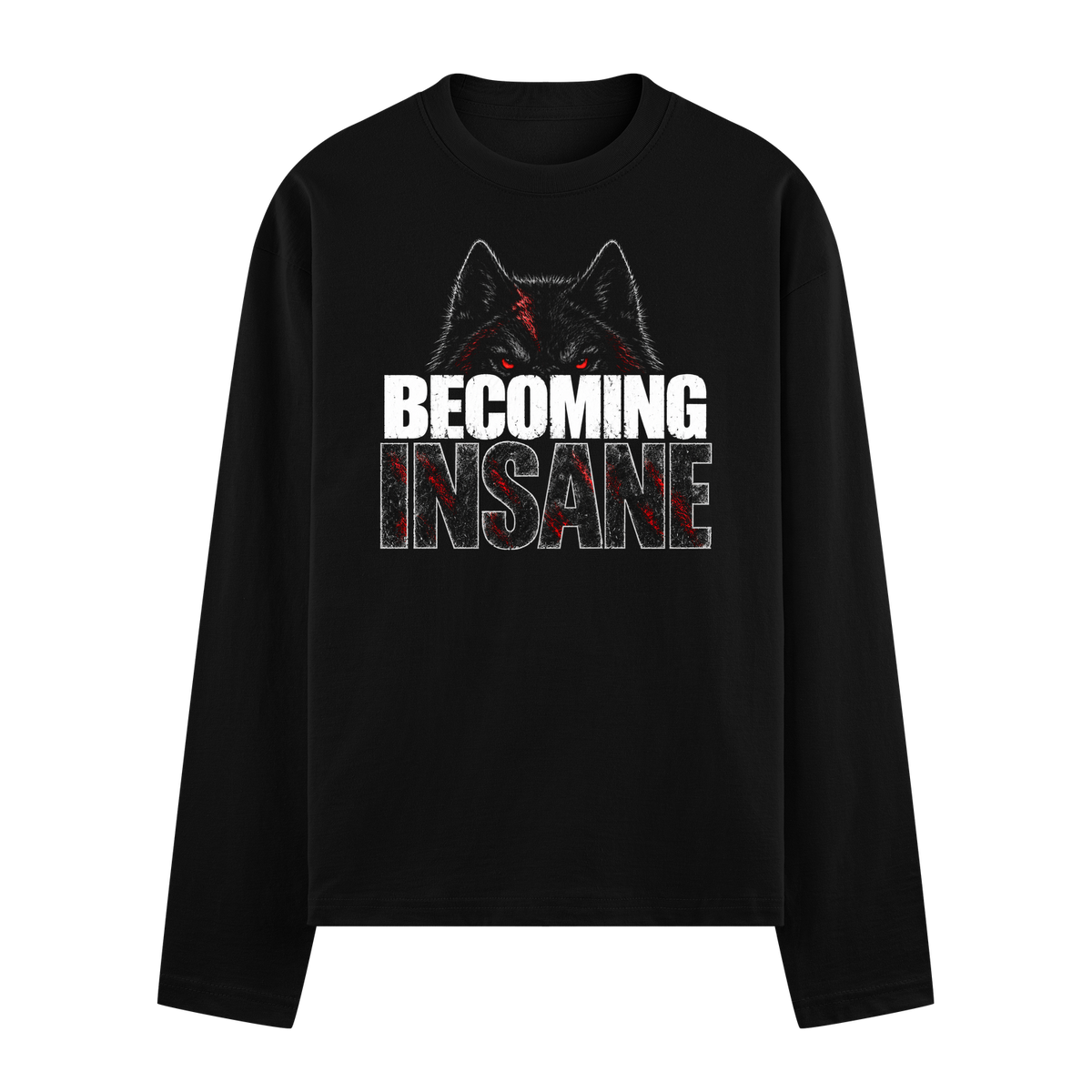 Wolf Madness Oversized Full Sleeve T-Shirt — Black wolf head with red glowing eyes and red blood streaks above distressed