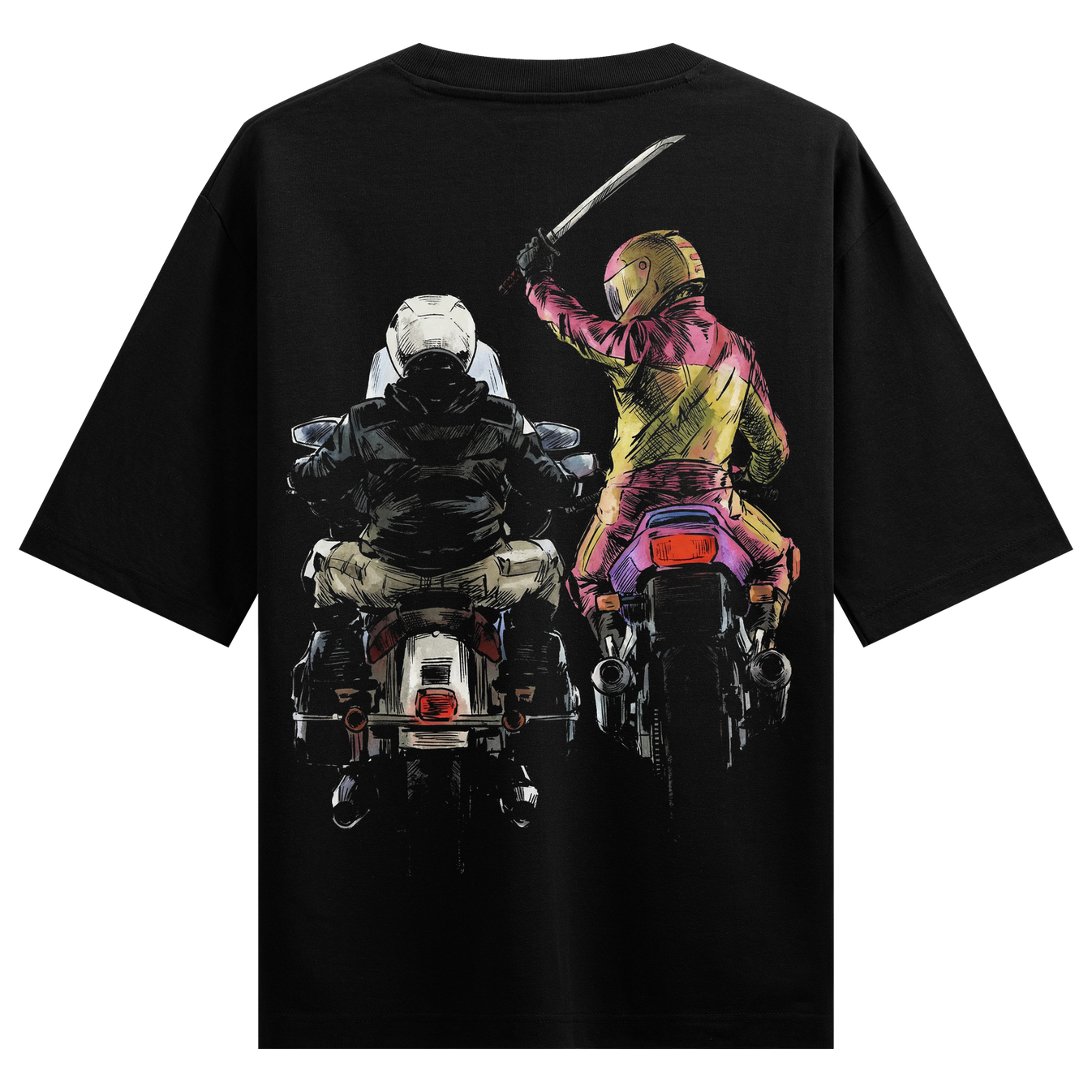 Bike Gang Oversized T-Shirt by PRDGY — illustration of two bikers with a katana, streetwear design