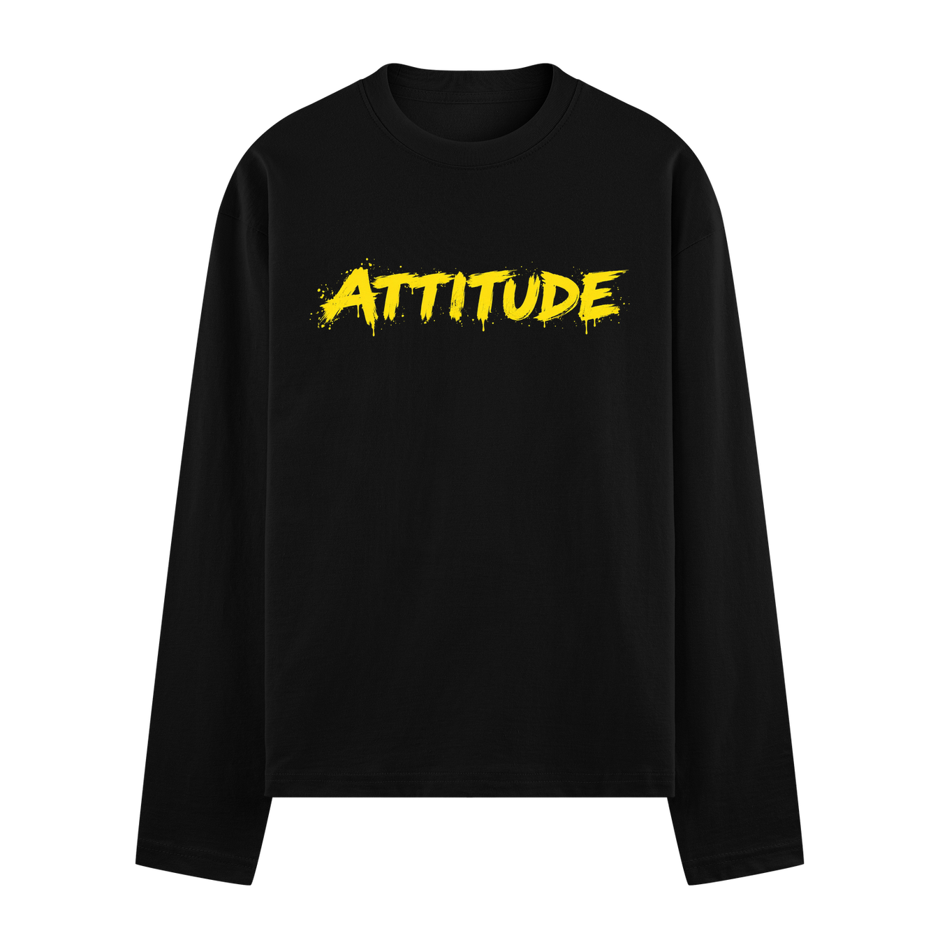 A black t-shirt features the brand name PRDGY above the word ATTITUDE in bold distressed yellow brush stroke typography on...